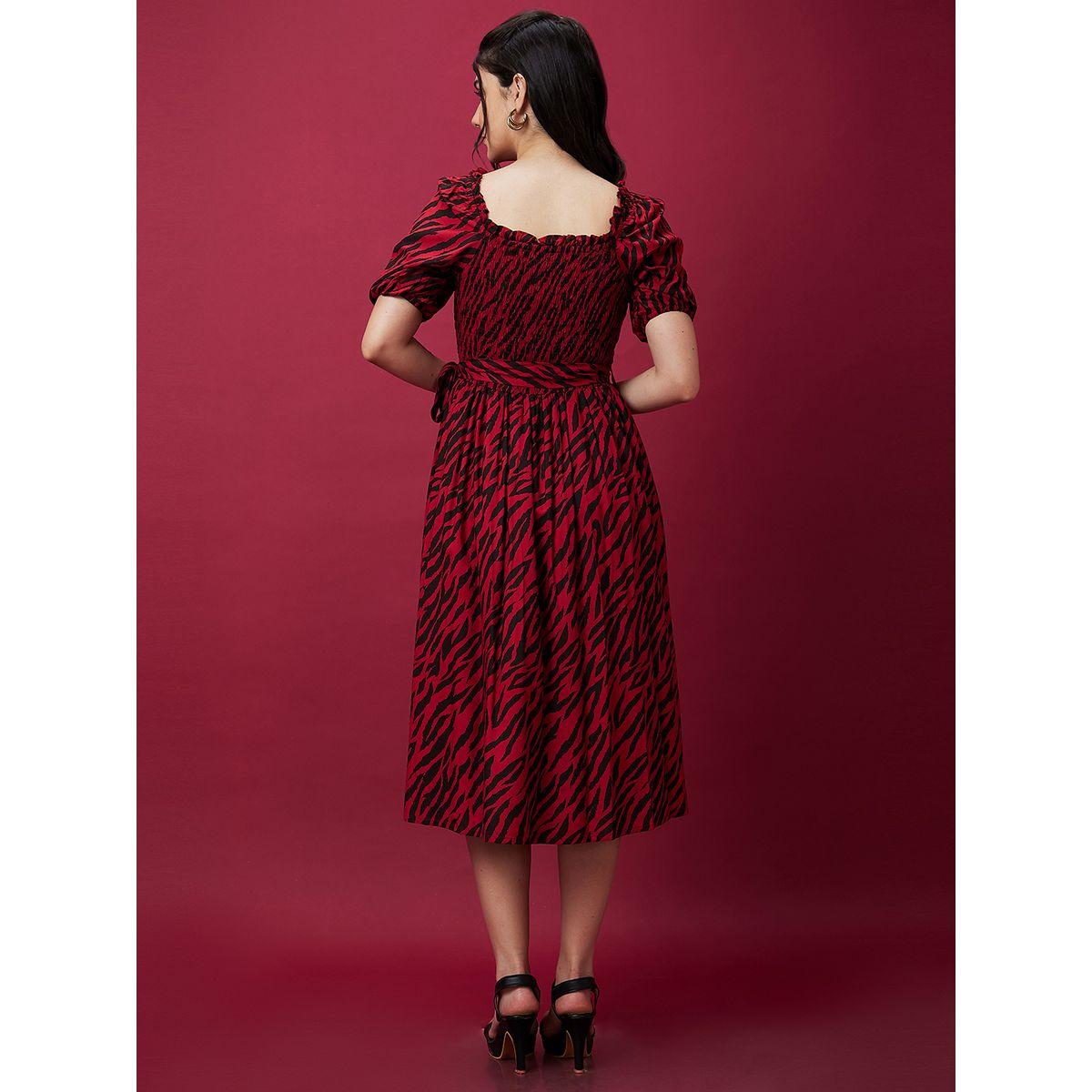 Globus Women Zebra Print Smocked A-Line Midi Dress with Belted Waist-women-clothing-dresses-image-4
