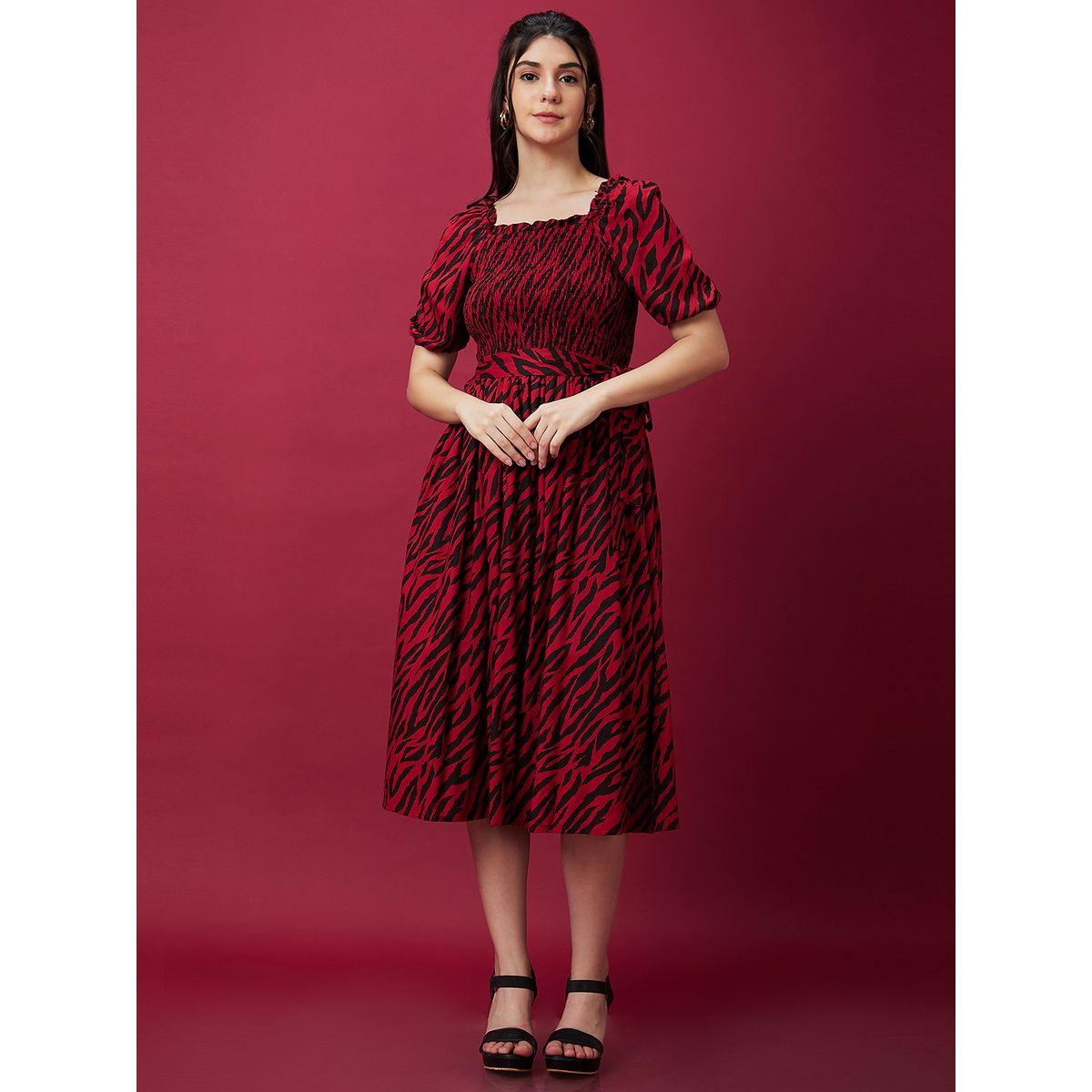 Globus Women Zebra Print Smocked A-Line Midi Dress with Belted Waist-women-clothing-dresses-image-7