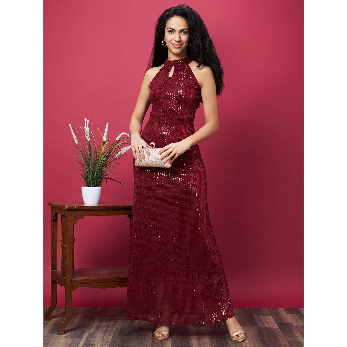 فستان طويل منمق بياقة هولتر مع شق-women-clothing-dresses-image-1