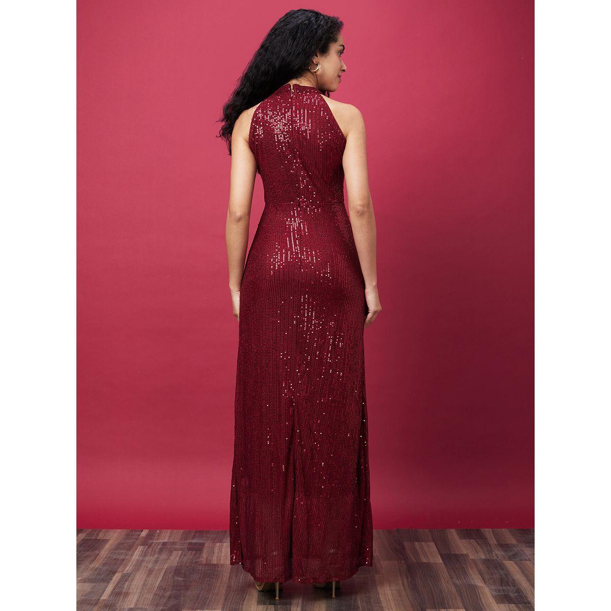 فستان طويل منمق بياقة هولتر مع شق-women-clothing-dresses-image-3