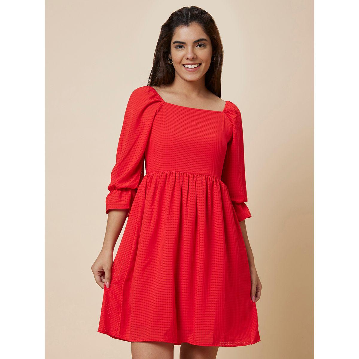 Globus Women Red Solid Smocked Back A-Line Knee-Length Dress-women-clothing-dresses-image-2