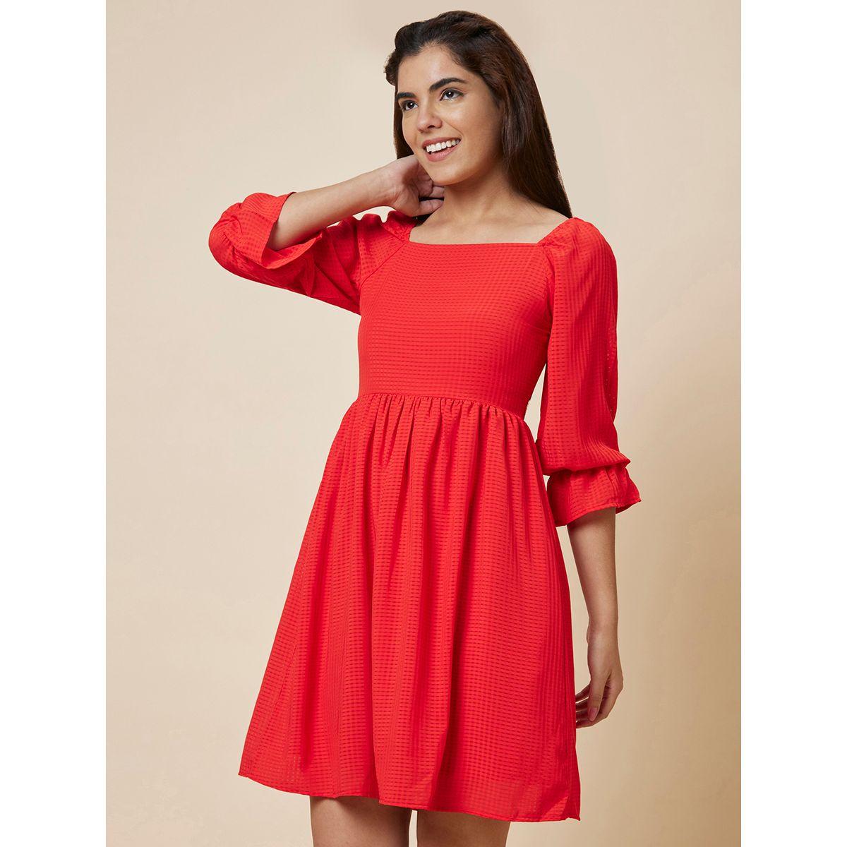 Globus Women Red Solid Smocked Back A-Line Knee-Length Dress-women-clothing-dresses-image-4