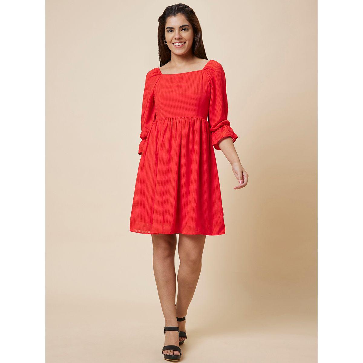 Globus Women Red Solid Smocked Back A-Line Knee-Length Dress-women-clothing-dresses-image-6