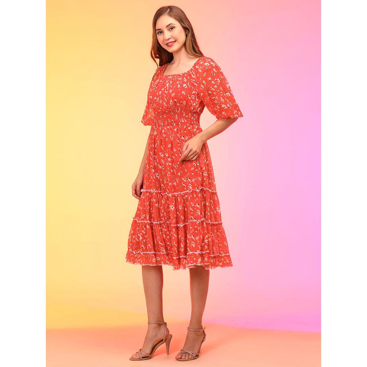 Globus Women Red Floral Print Balloon Sleeves Chiffon A-Line Midi Dress-women-clothing-dresses-image-2