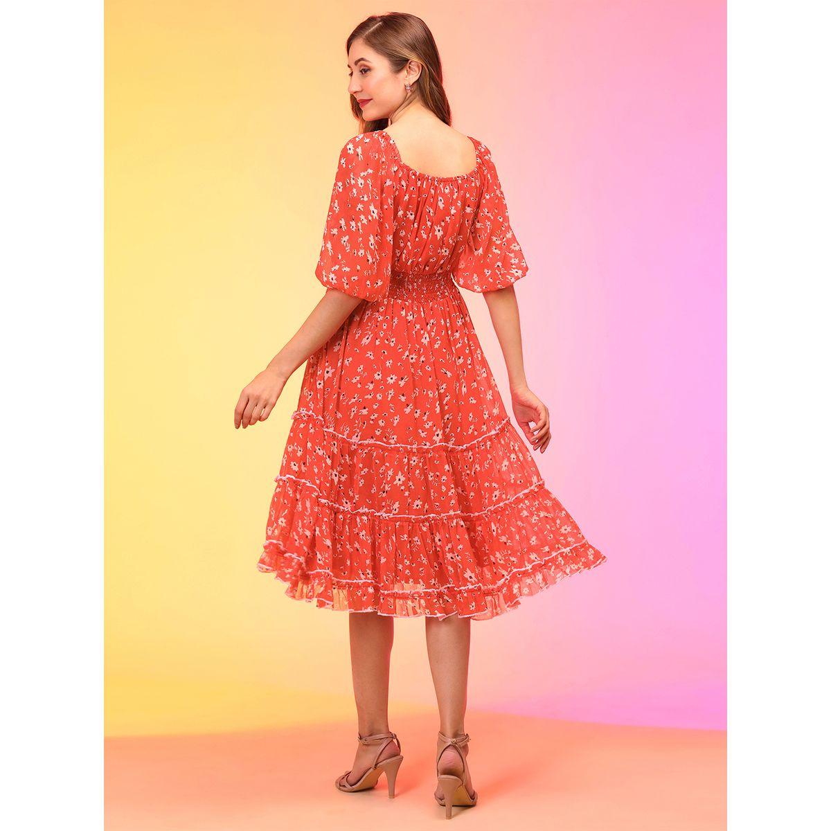 فستان ميدي شيفون بطبعة زهور وأكمام بالون-women-clothing-dresses-image-3
