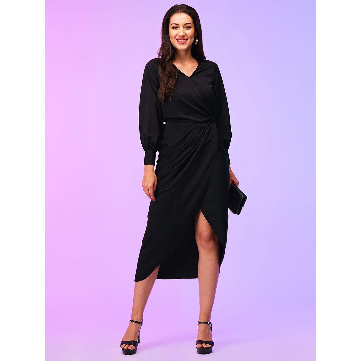 Globus Women Black Solid Wrap Look A-Line Midi Dress with Tulip Hem-women-clothing-dresses-image-1