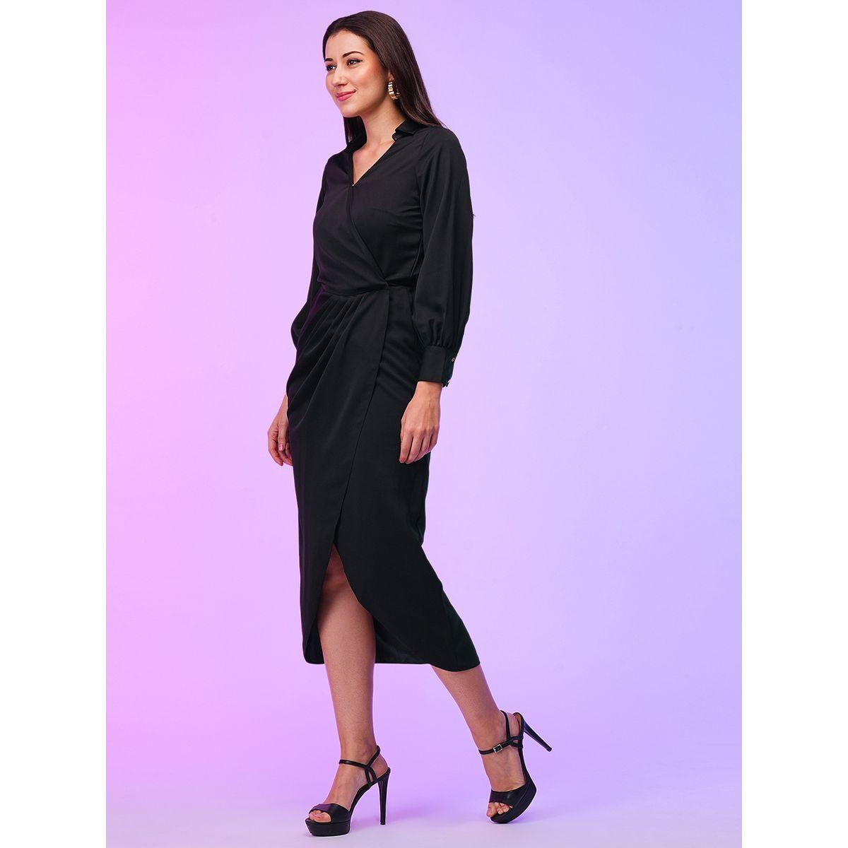 فستان ميدي سادة بنمط لف وحافة تيوليب-women-clothing-dresses-image-2