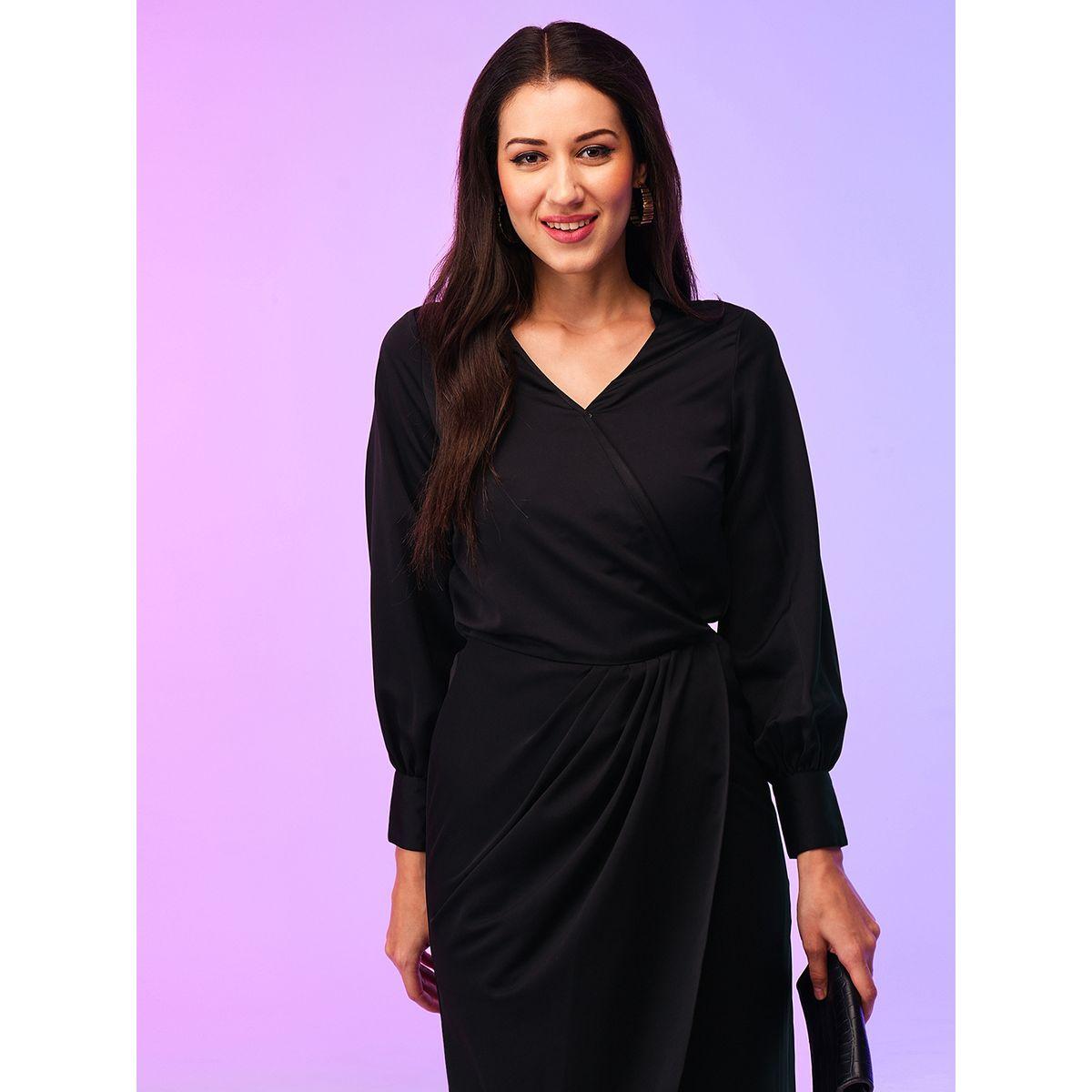 فستان ميدي سادة بنمط لف وحافة تيوليب-women-clothing-dresses-image-5