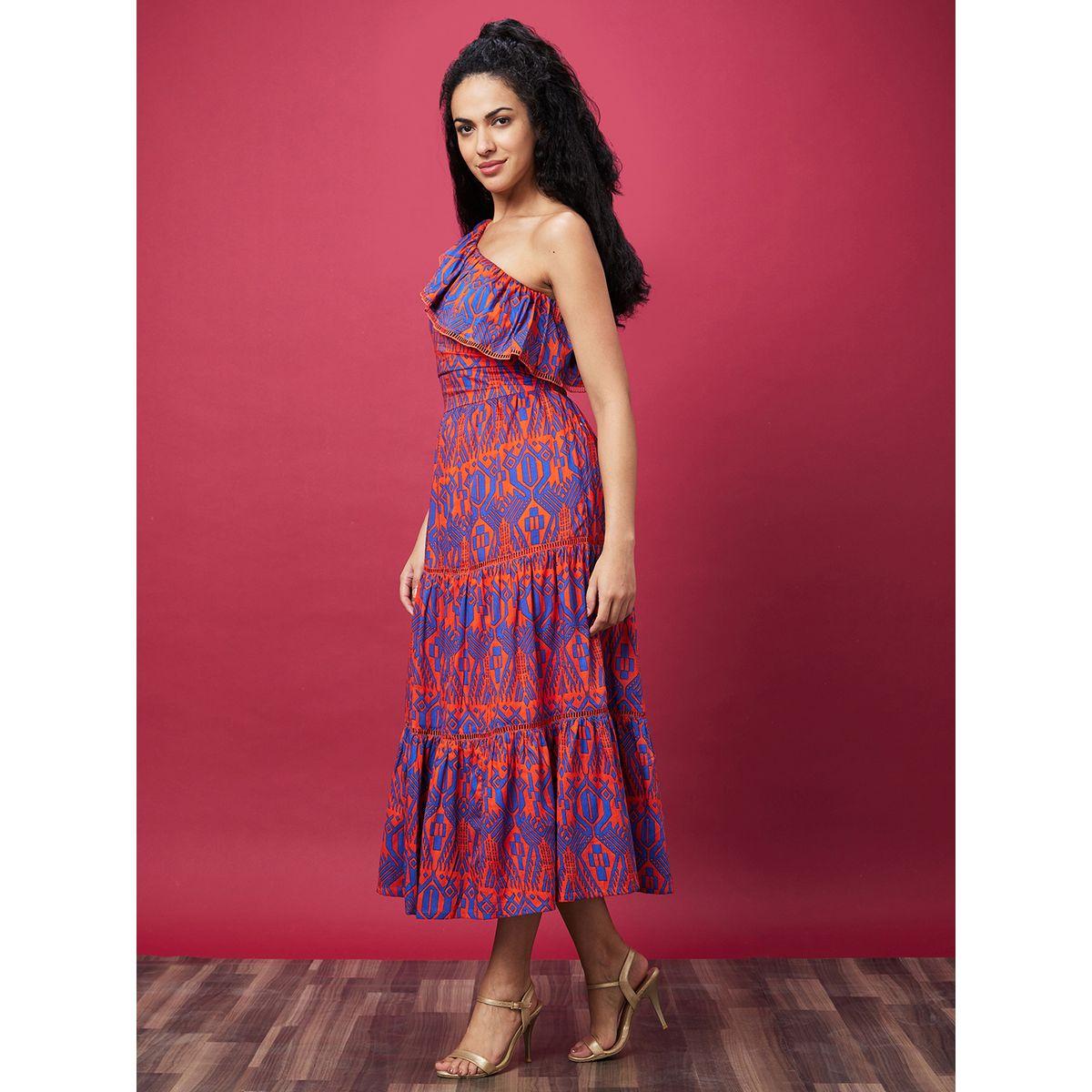 Globus Women Tribal Print One-Shoulder A-Line Midi Dress-women-clothing-dresses-image-2