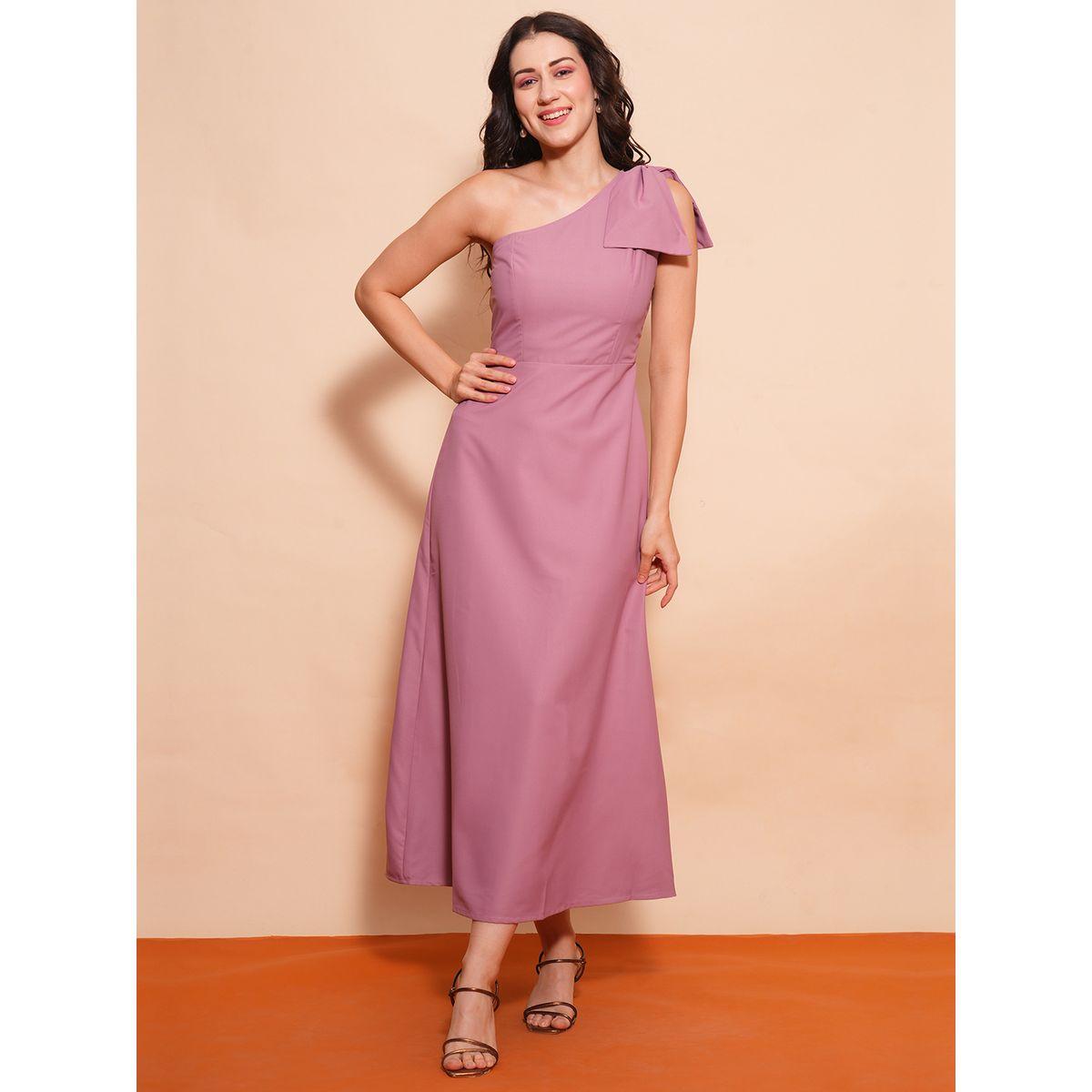 فستان طويل سادة بكتف واحد وربطة فيونكة-women-clothing-dresses-image-1