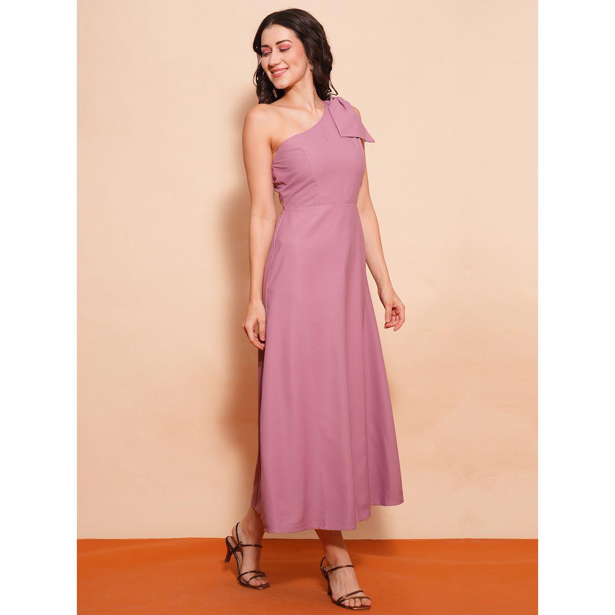فستان طويل سادة بكتف واحد وربطة فيونكة-women-clothing-dresses-image-2