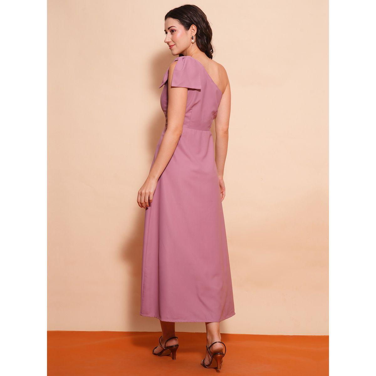 فستان طويل سادة بكتف واحد وربطة فيونكة-women-clothing-dresses-image-3