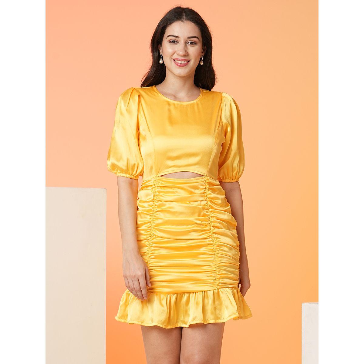 فستان قصير سادة ساتان بتفاصيل مزمومة-women-clothing-dresses-image-1