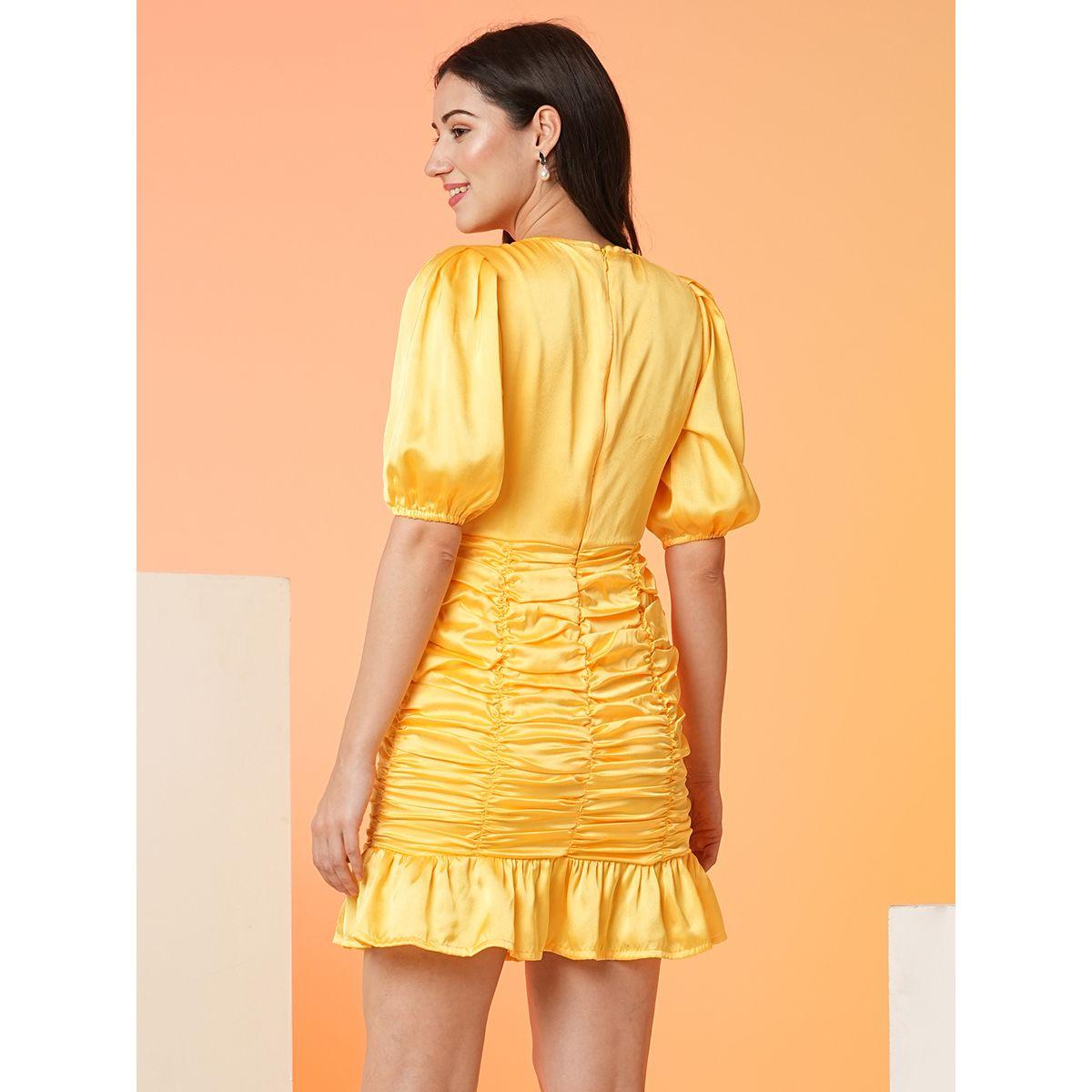 فستان قصير سادة ساتان بتفاصيل مزمومة-women-clothing-dresses-image-3