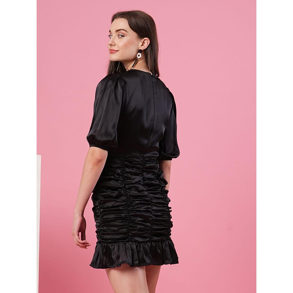 Globus Women Black Solid Satin Puff Sleeves Ruched Sheath Mini Dress-women-clothing-dresses-image-3