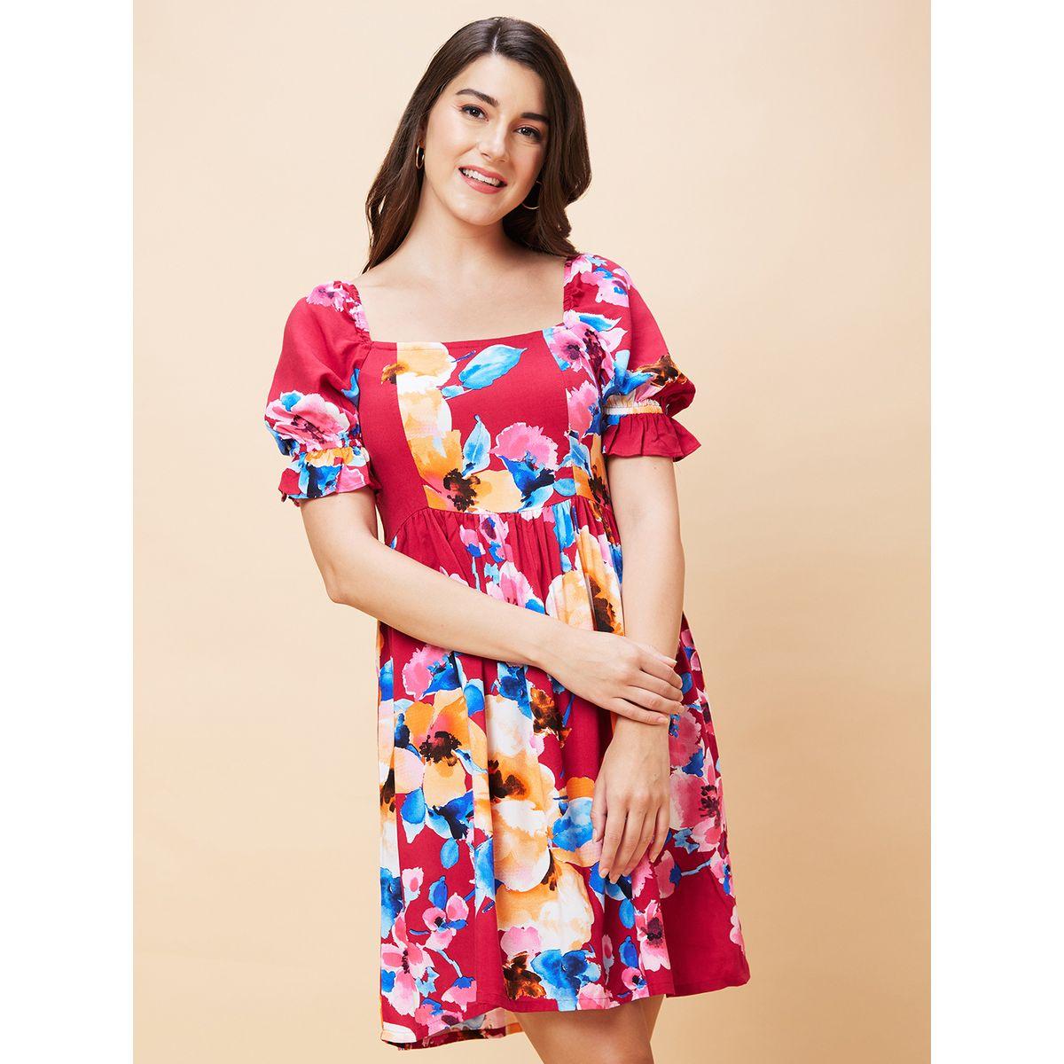 Globus Women Floral Printed Puff Sleeves A-Line Mini Dress with Smocked Back-women-clothing-dresses-image-2