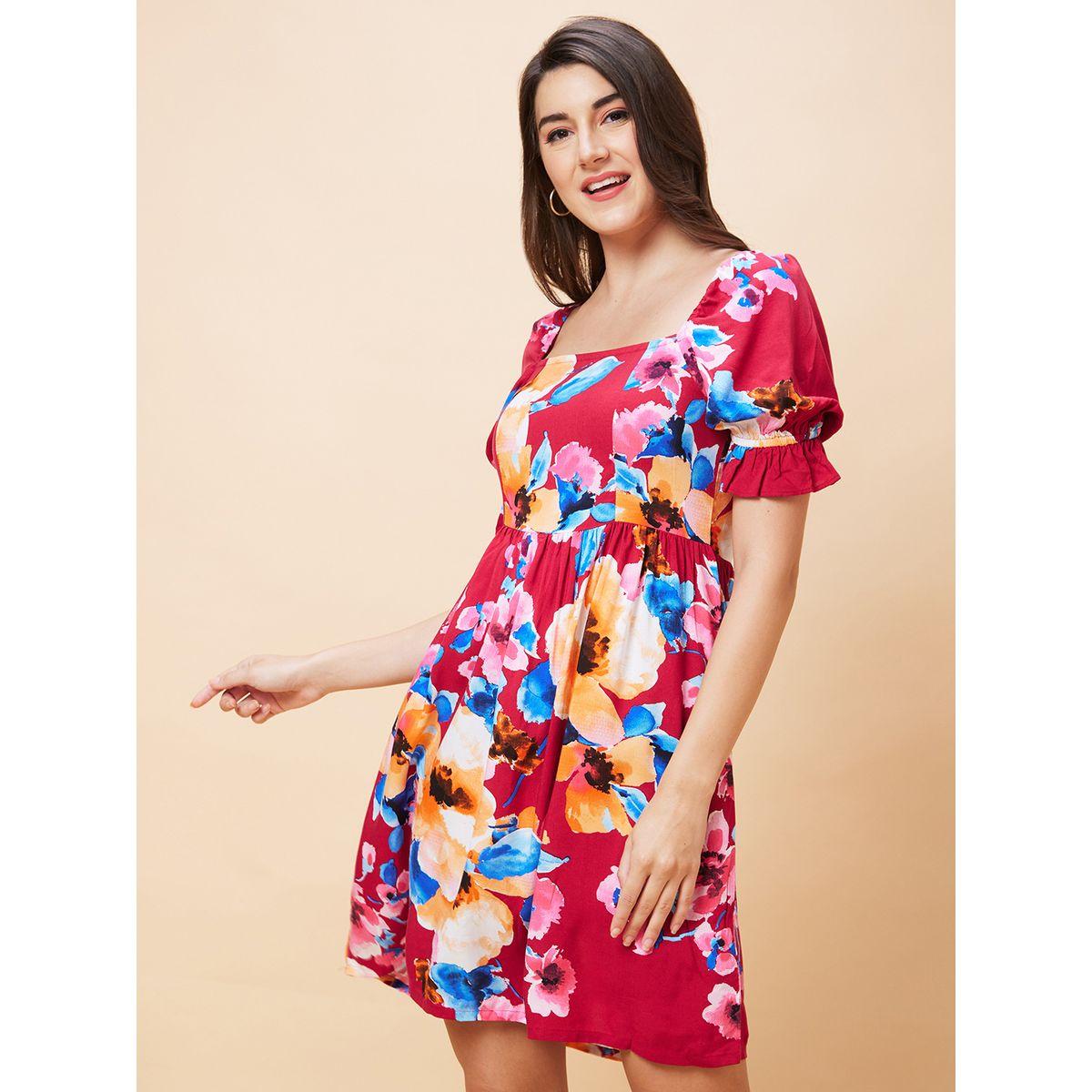 Globus Women Floral Printed Puff Sleeves A-Line Mini Dress with Smocked Back-women-clothing-dresses-image-3