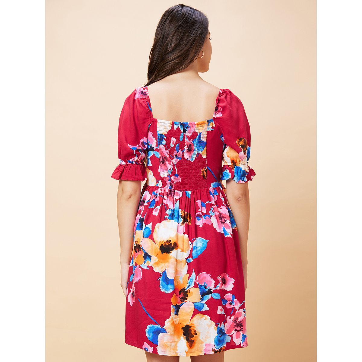 Globus Women Floral Printed Puff Sleeves A-Line Mini Dress with Smocked Back-women-clothing-dresses-image-4