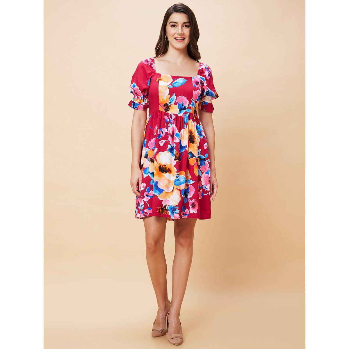 Globus Women Floral Printed Puff Sleeves A-Line Mini Dress with Smocked Back-women-clothing-dresses-image-7