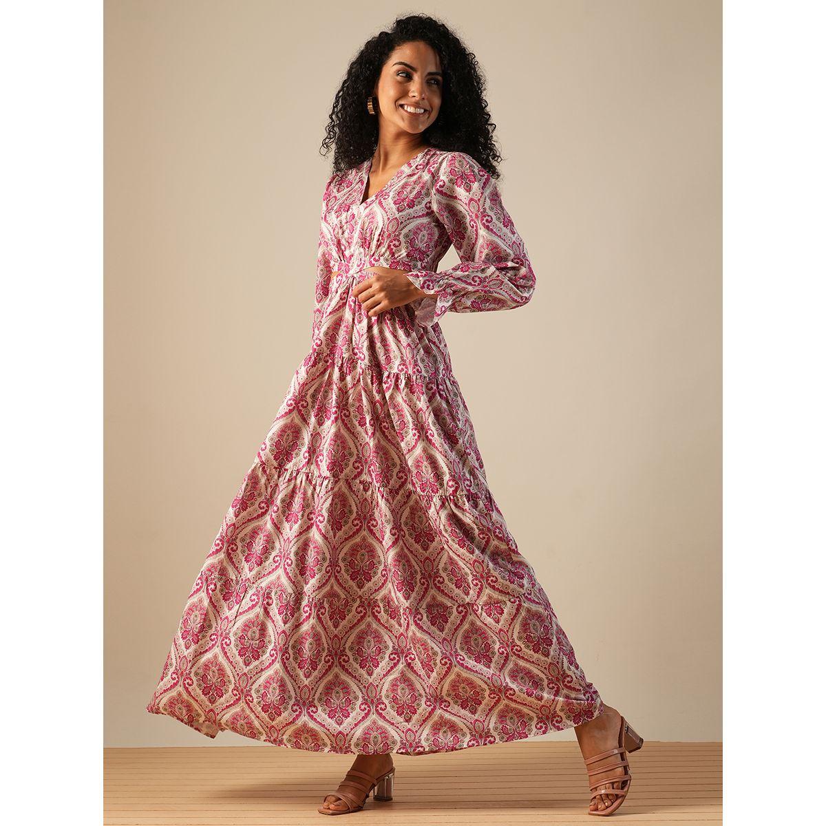 Globus Women Pink All-Over Print V Neck Tiered Maxi Dress with Cut Out Detail-women-clothing-dresses-image-1
