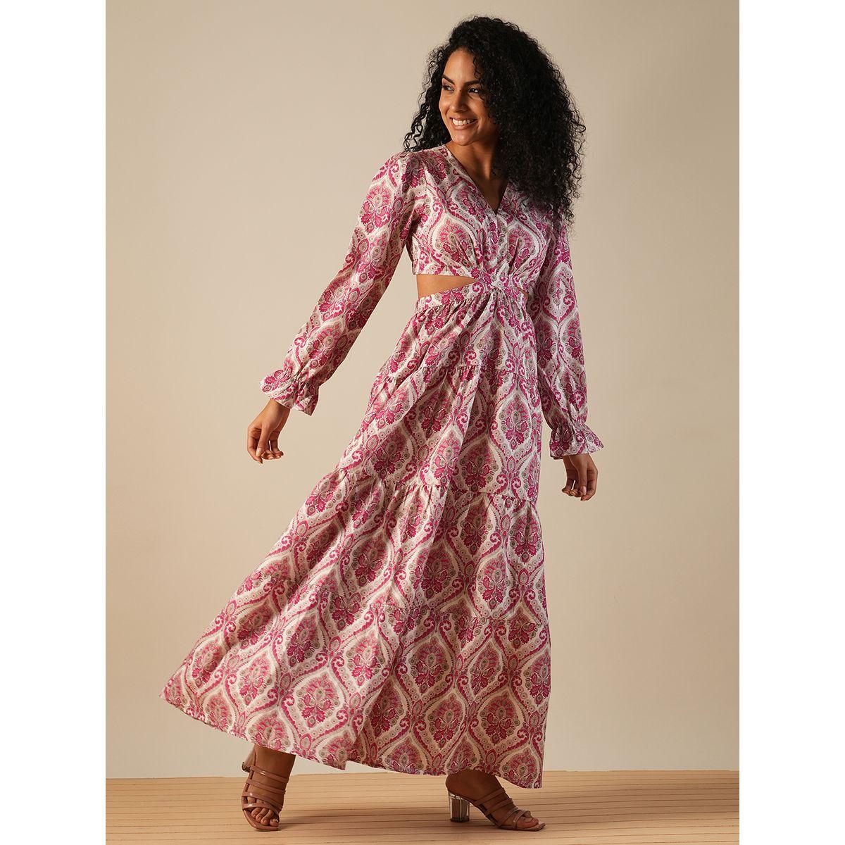 Globus Women Pink All-Over Print V Neck Tiered Maxi Dress with Cut Out Detail-women-clothing-dresses-image-2