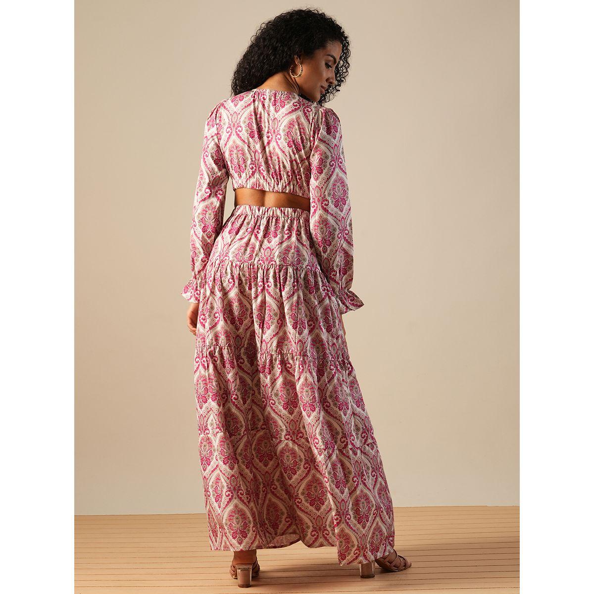 Globus Women Pink All-Over Print V Neck Tiered Maxi Dress with Cut Out Detail-women-clothing-dresses-image-3