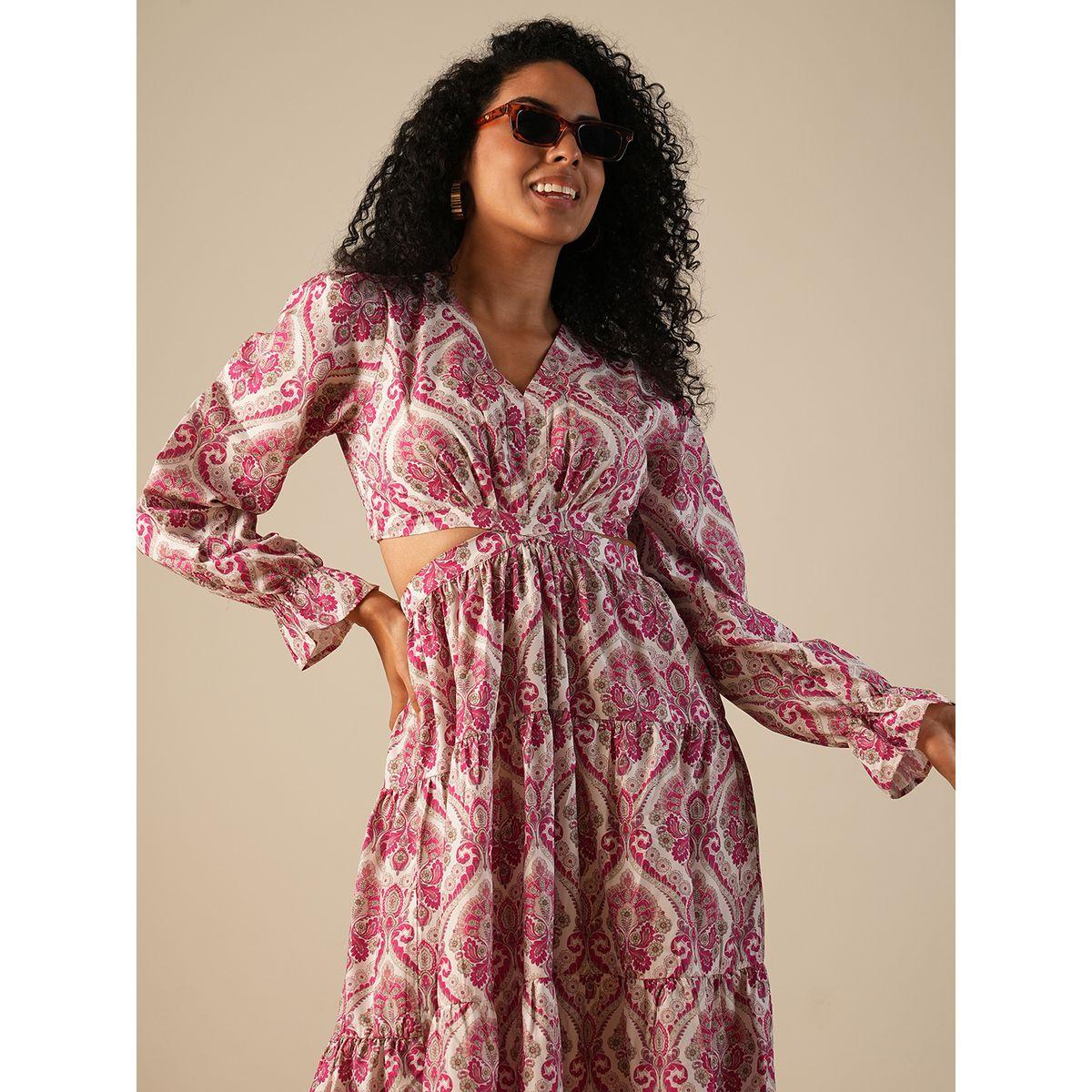 Globus Women Pink All-Over Print V Neck Tiered Maxi Dress with Cut Out Detail-women-clothing-dresses-image-5