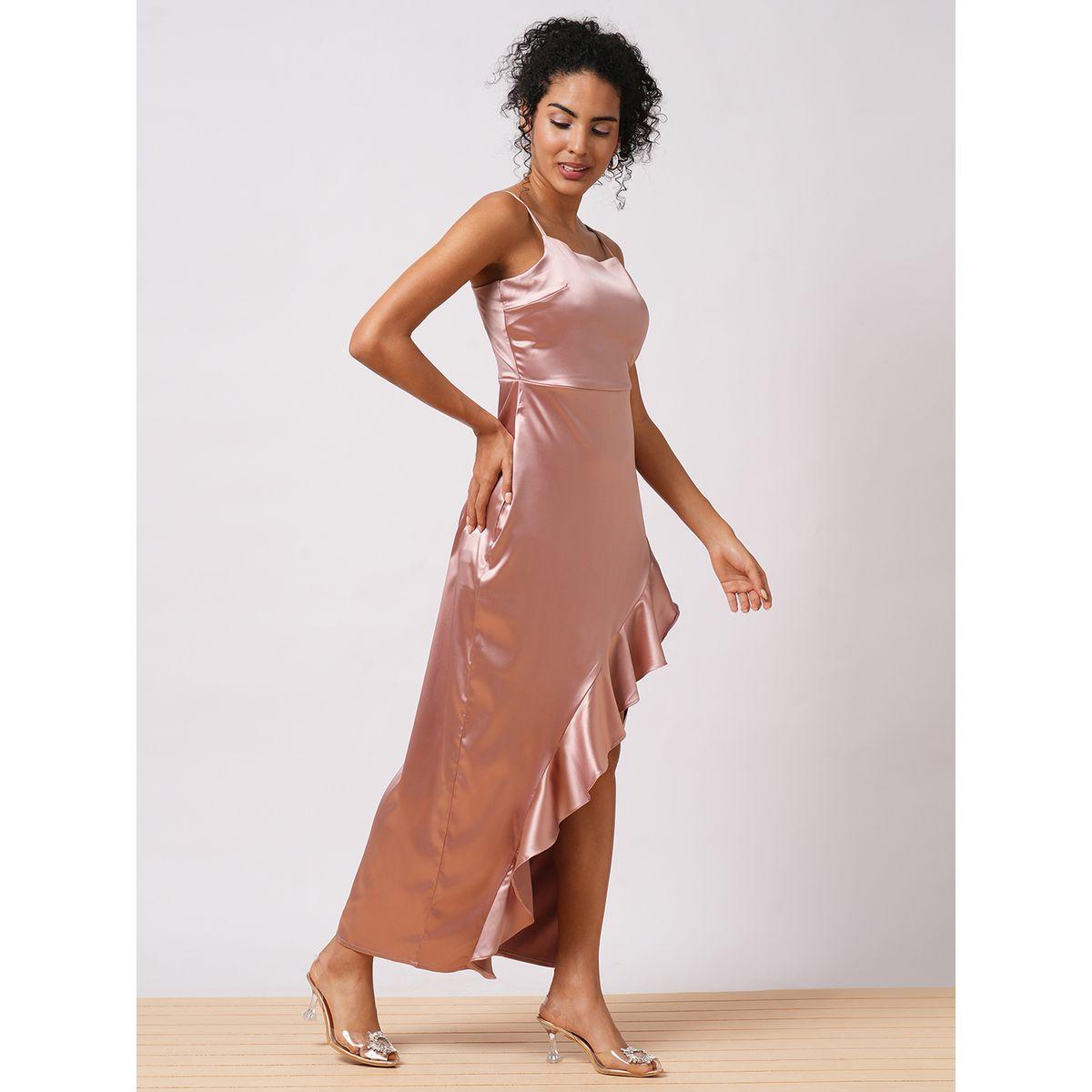 فستان طويل سادة ساتان مع تفاصيل كشكش-women-clothing-dresses-image-2