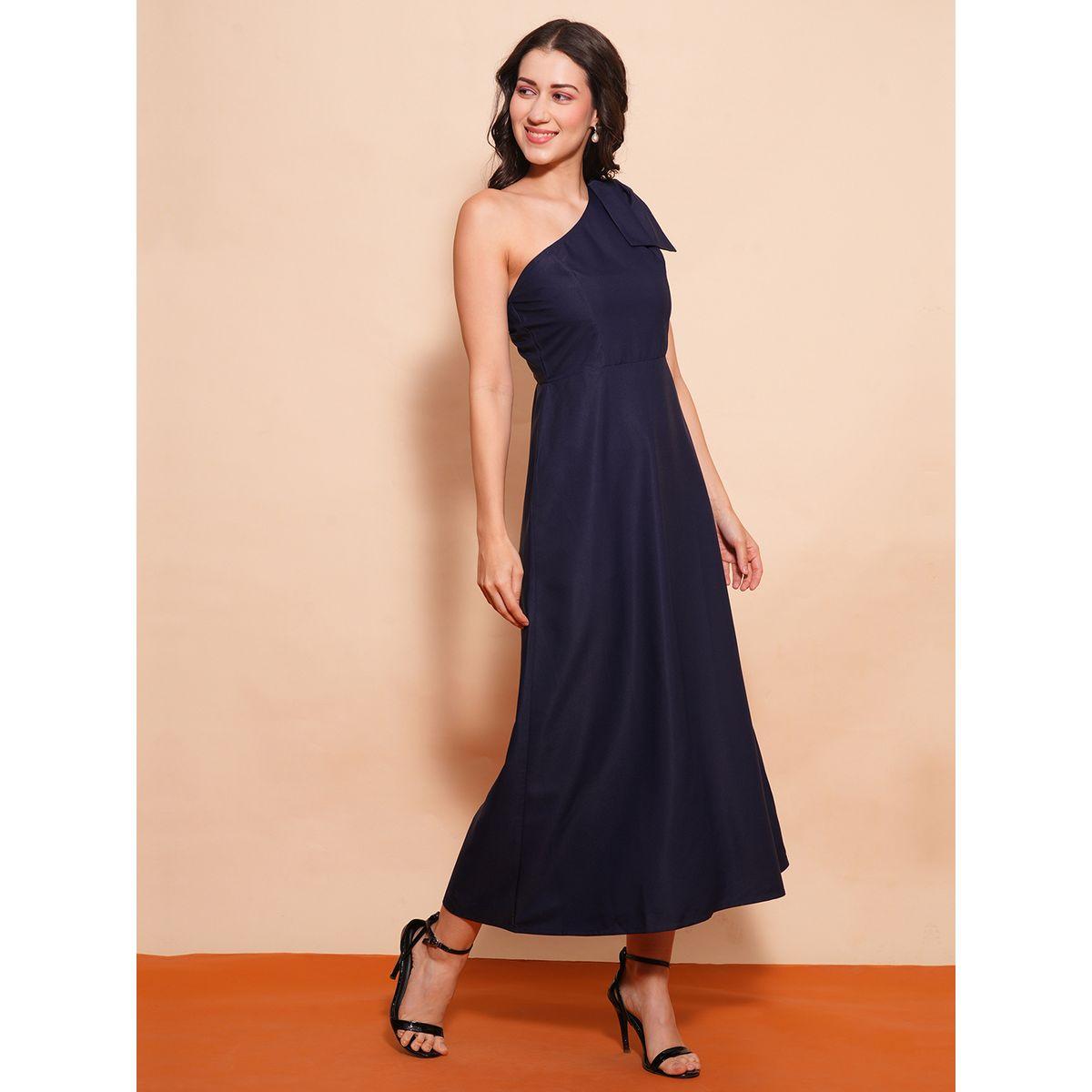 فستان طويل سادة بكتف واحد وربطة فيونكة-women-clothing-dresses-image-2