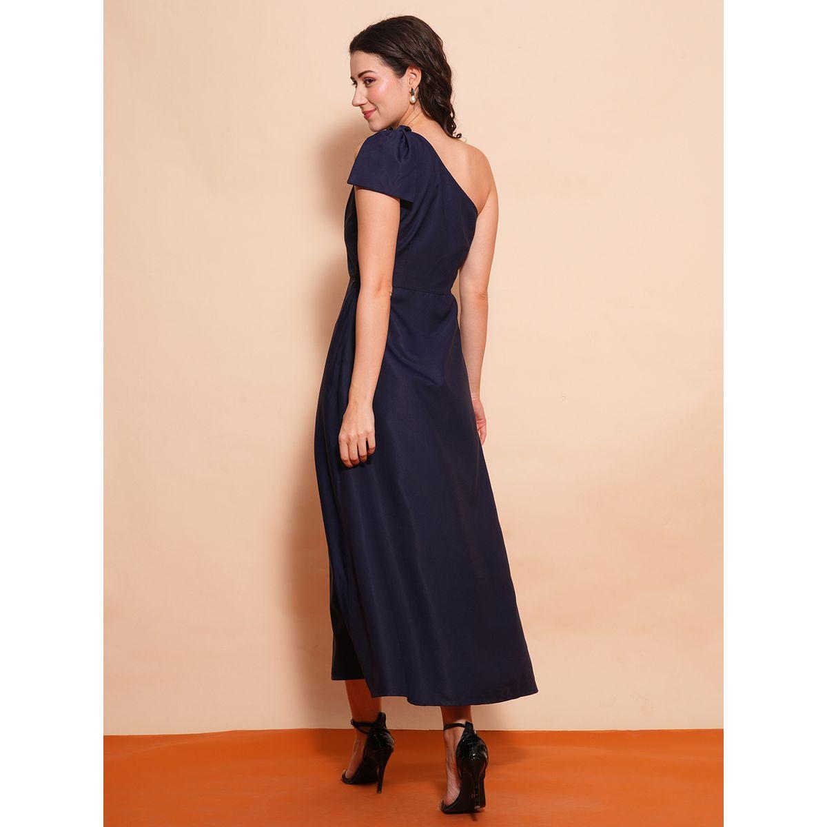 فستان طويل سادة بكتف واحد وربطة فيونكة-women-clothing-dresses-image-3
