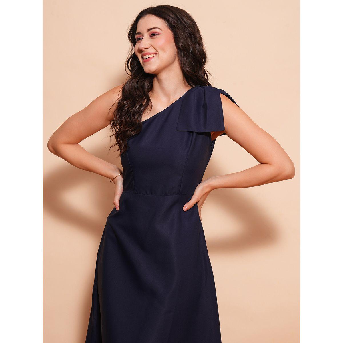 فستان طويل سادة بكتف واحد وربطة فيونكة-women-clothing-dresses-image-5