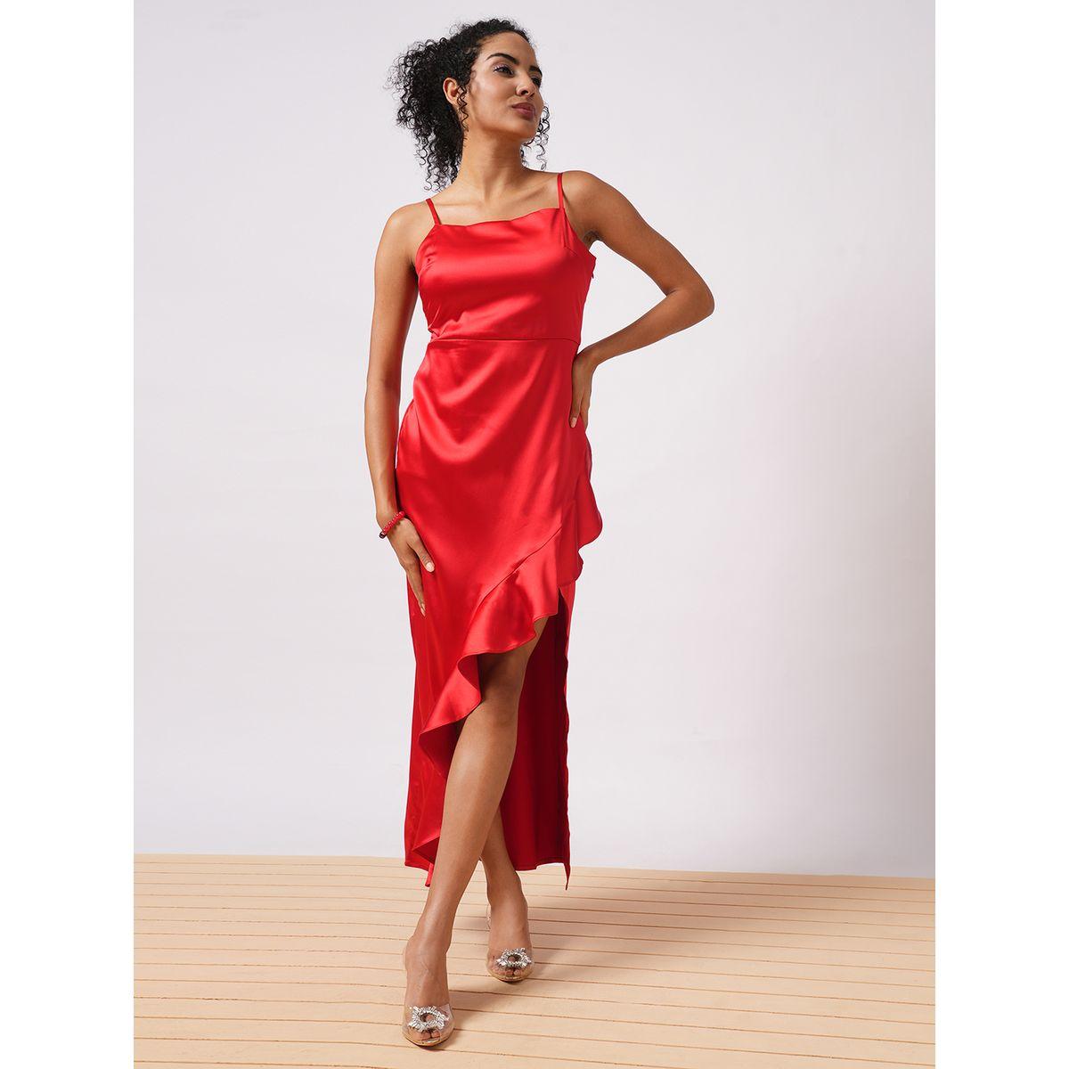 فستان طويل سادة ساتان مع تفاصيل كشكش-women-clothing-dresses-image-1