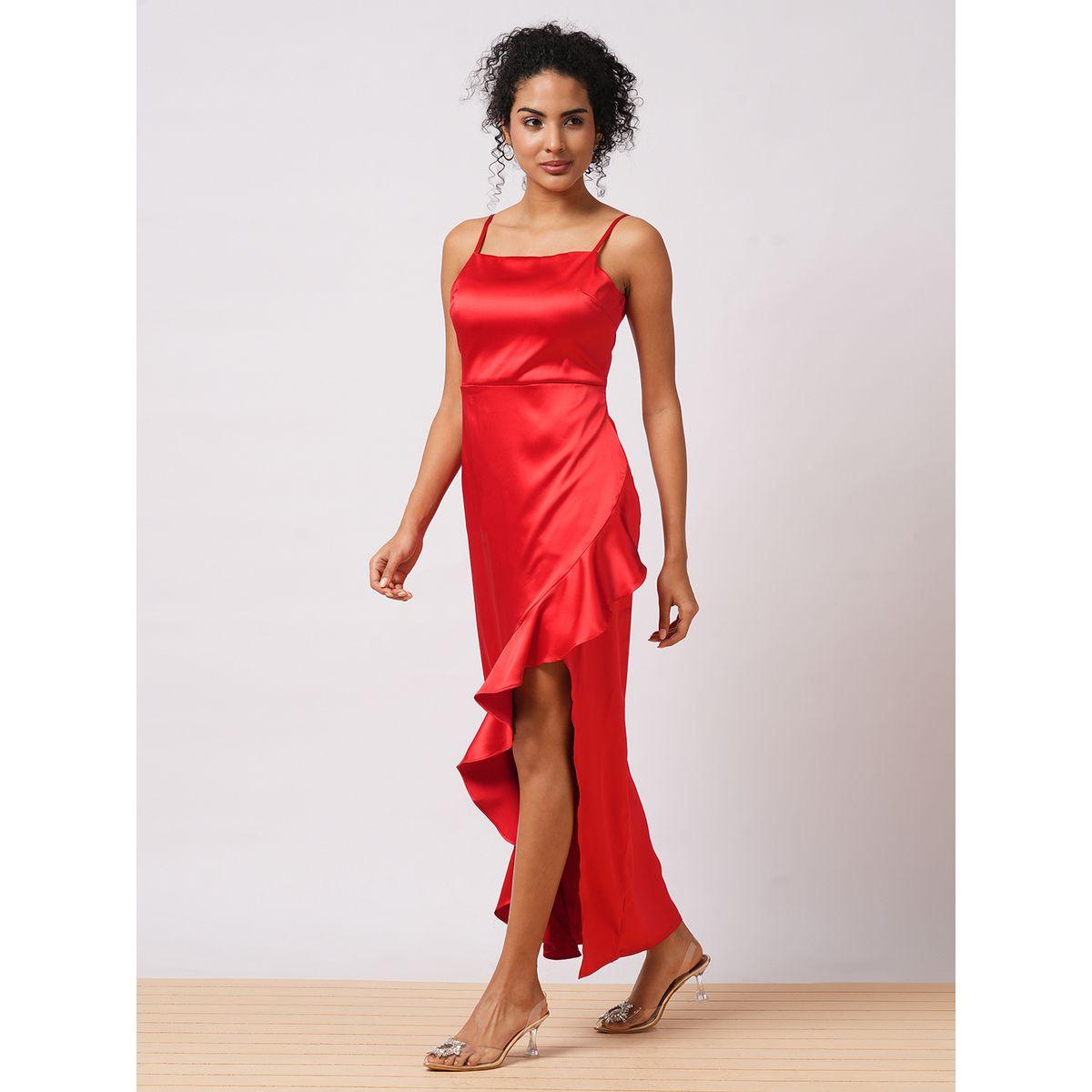 فستان طويل سادة ساتان مع تفاصيل كشكش-women-clothing-dresses-image-2
