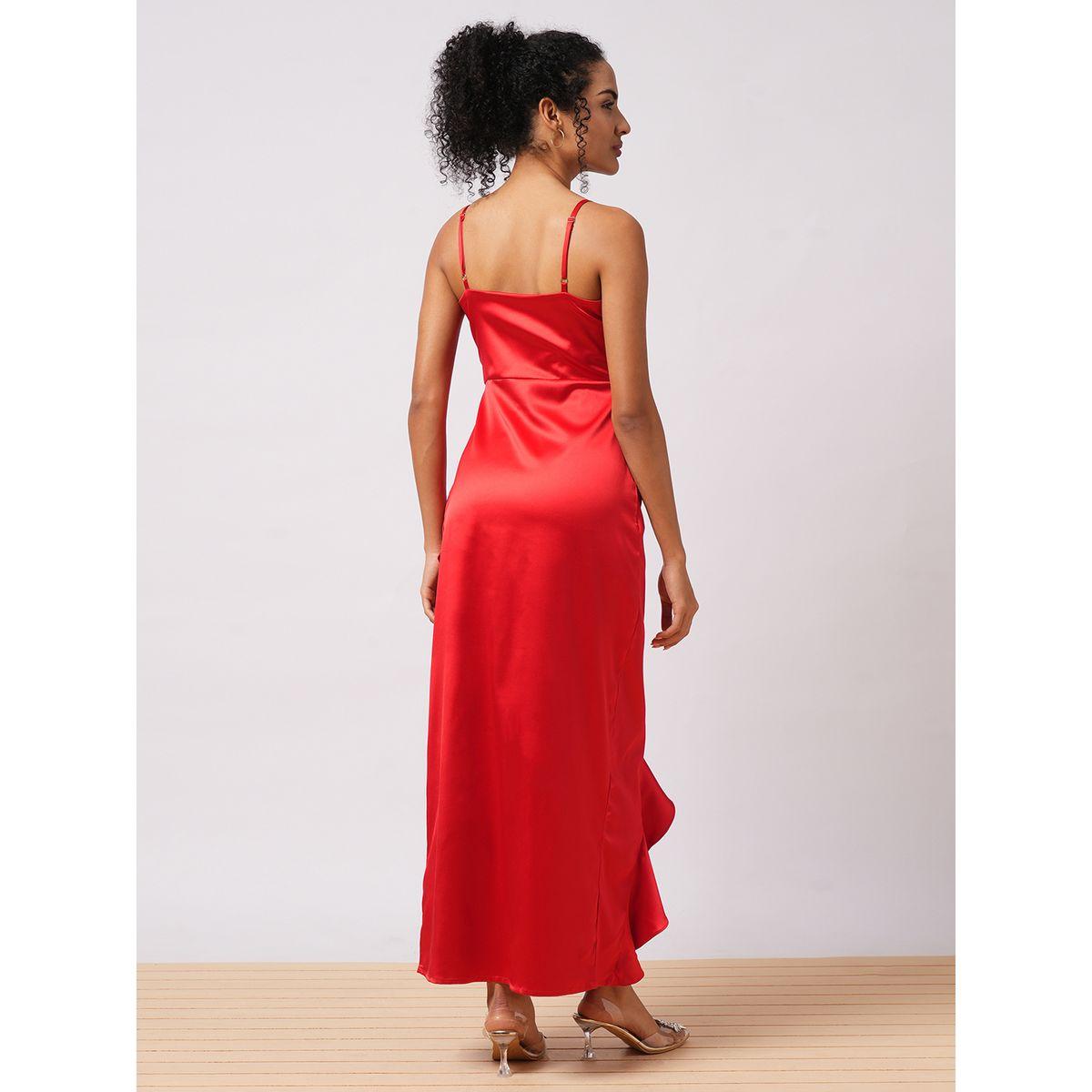 فستان طويل سادة ساتان مع تفاصيل كشكش-women-clothing-dresses-image-3