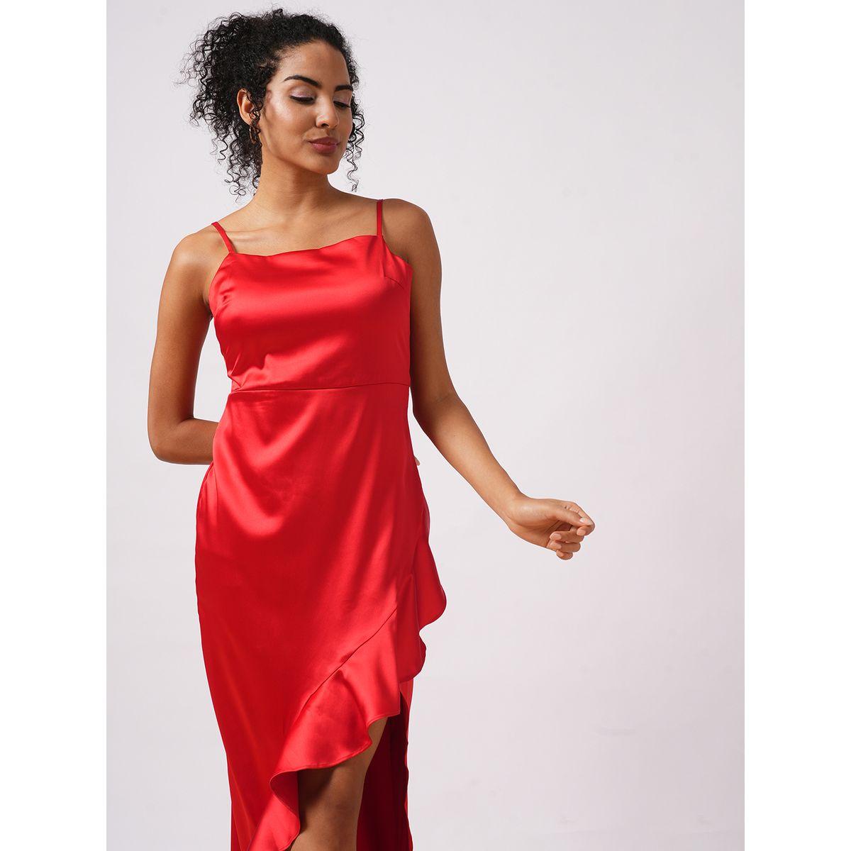 فستان طويل سادة ساتان مع تفاصيل كشكش-women-clothing-dresses-image-5