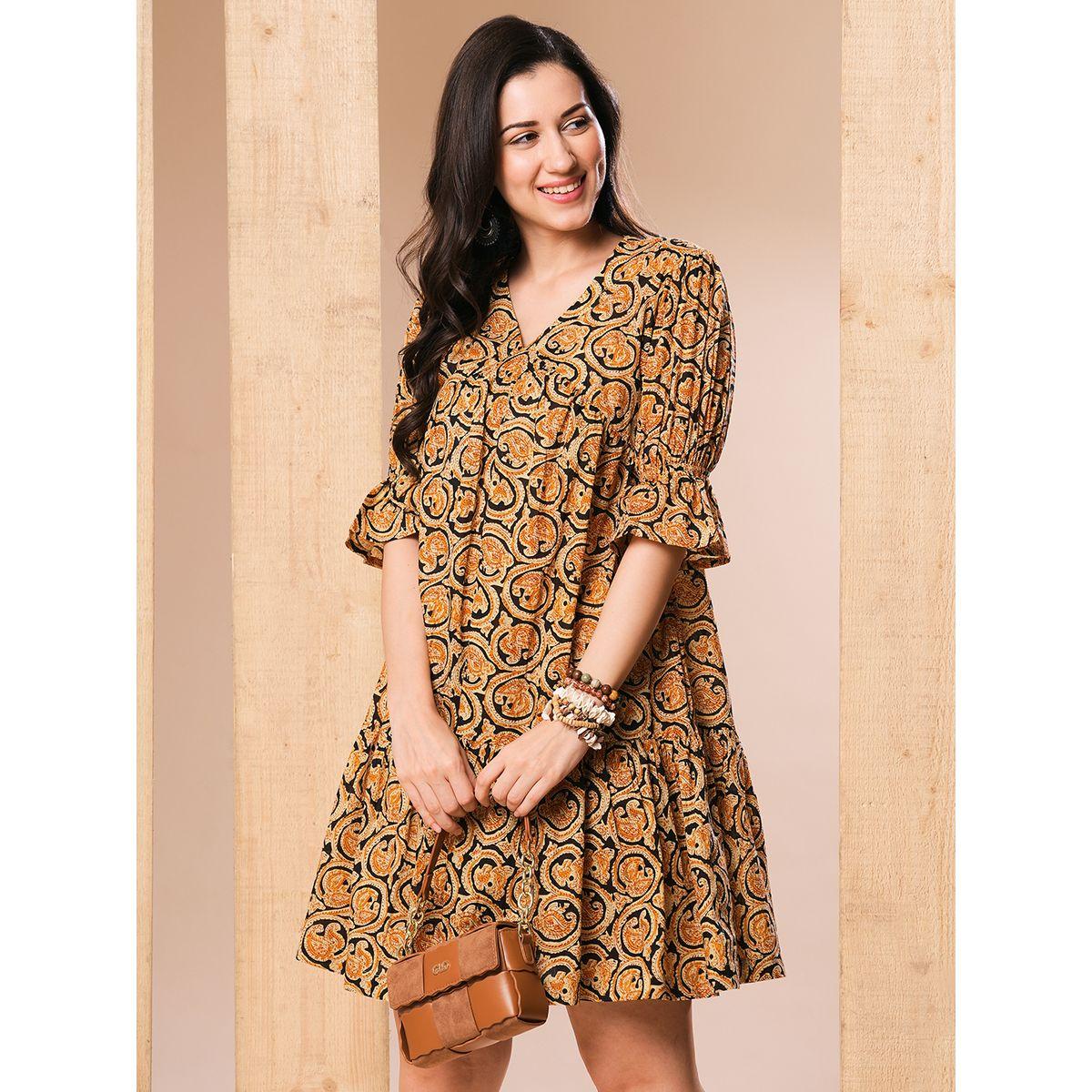 Globus Women Mustard Paisley Printed V Neck A-Line Mini Dress-women-clothing-dresses-image-1