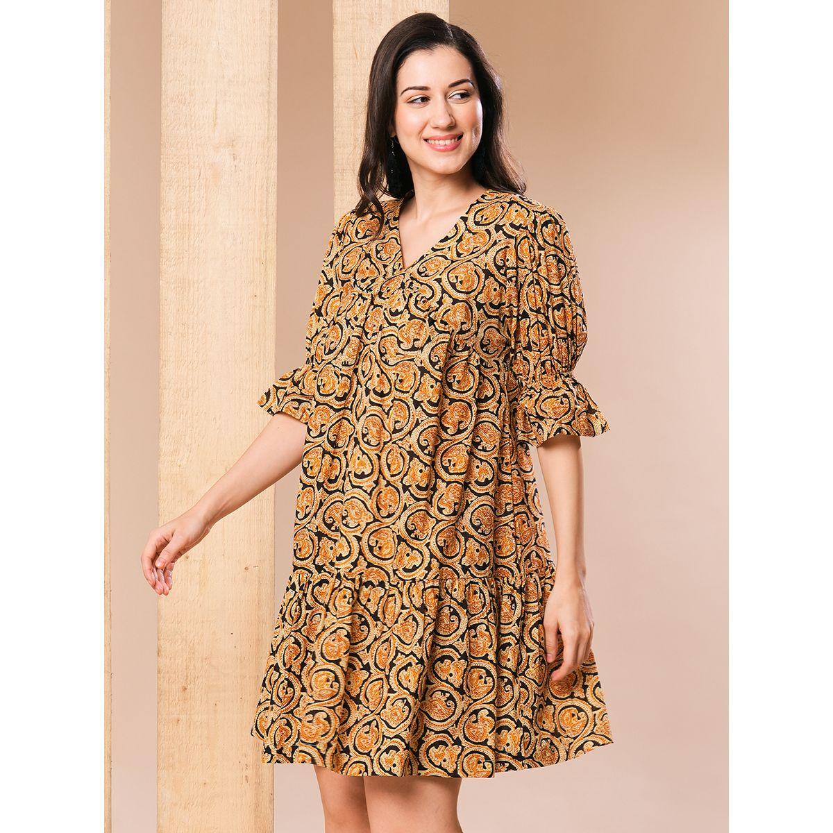Globus Women Mustard Paisley Printed V Neck A-Line Mini Dress-women-clothing-dresses-image-2