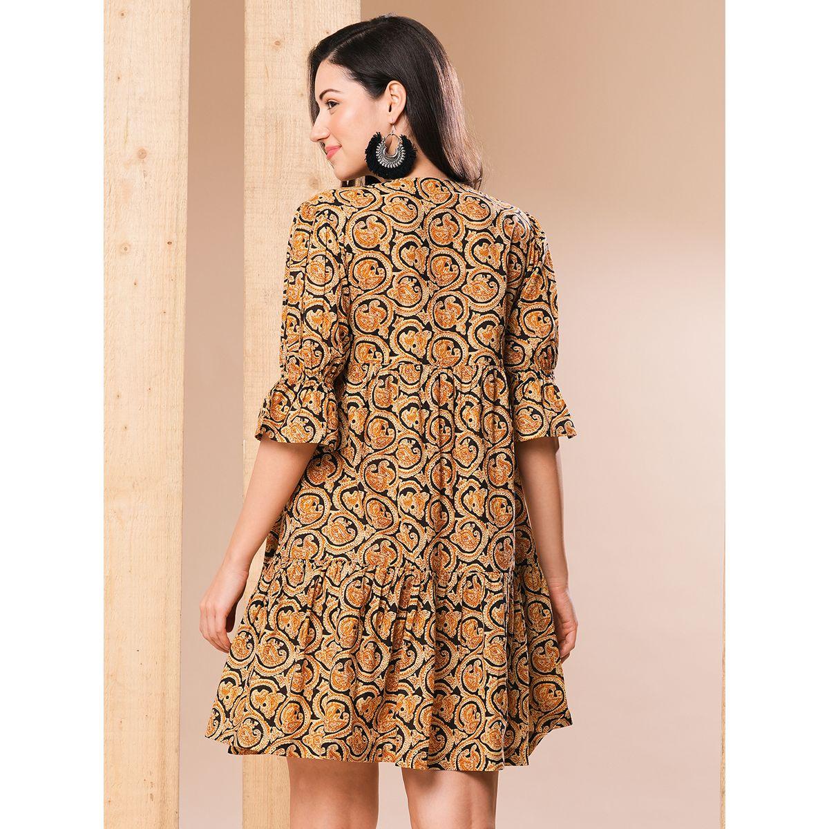 Globus Women Mustard Paisley Printed V Neck A-Line Mini Dress-women-clothing-dresses-image-3