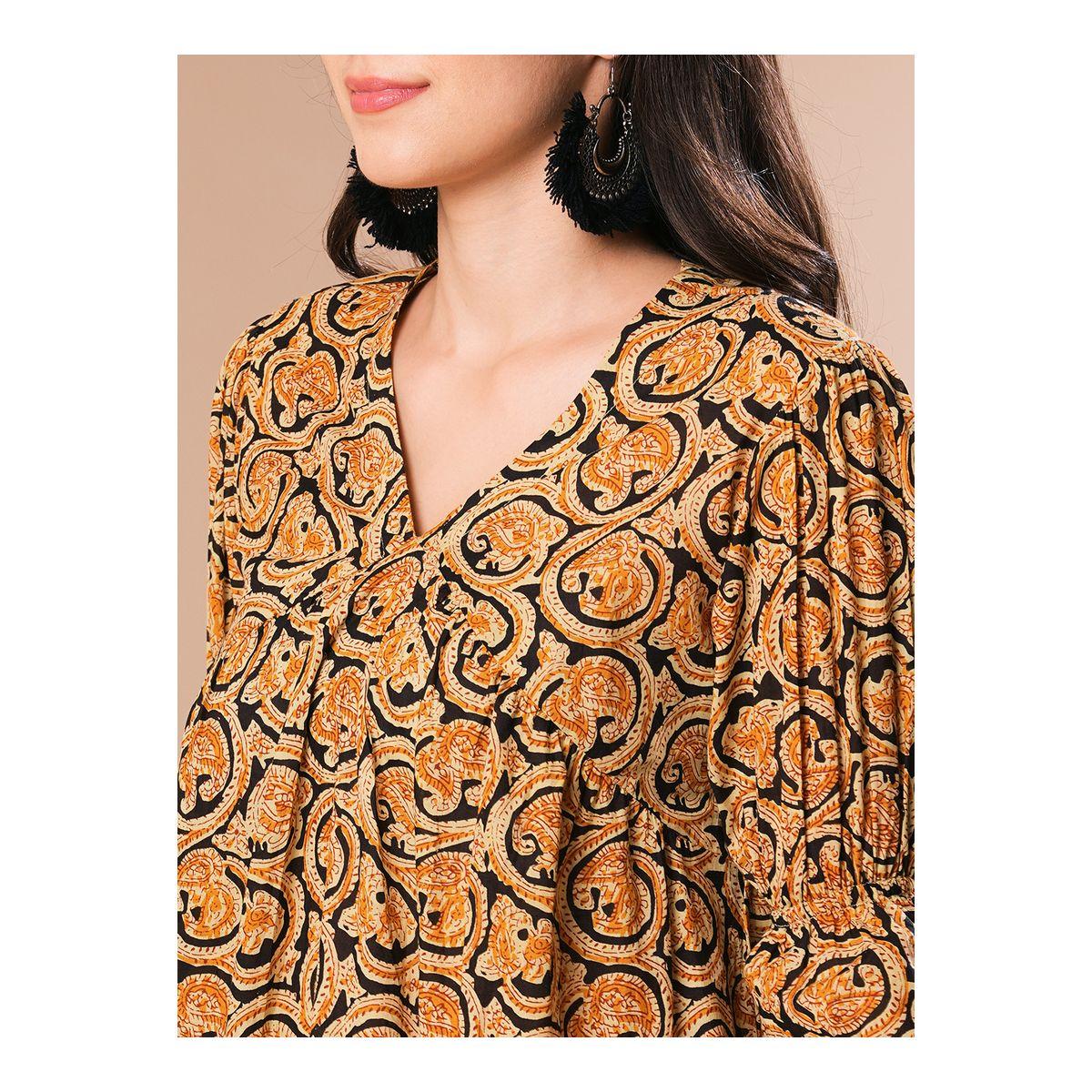Globus Women Mustard Paisley Printed V Neck A-Line Mini Dress-women-clothing-dresses-image-4