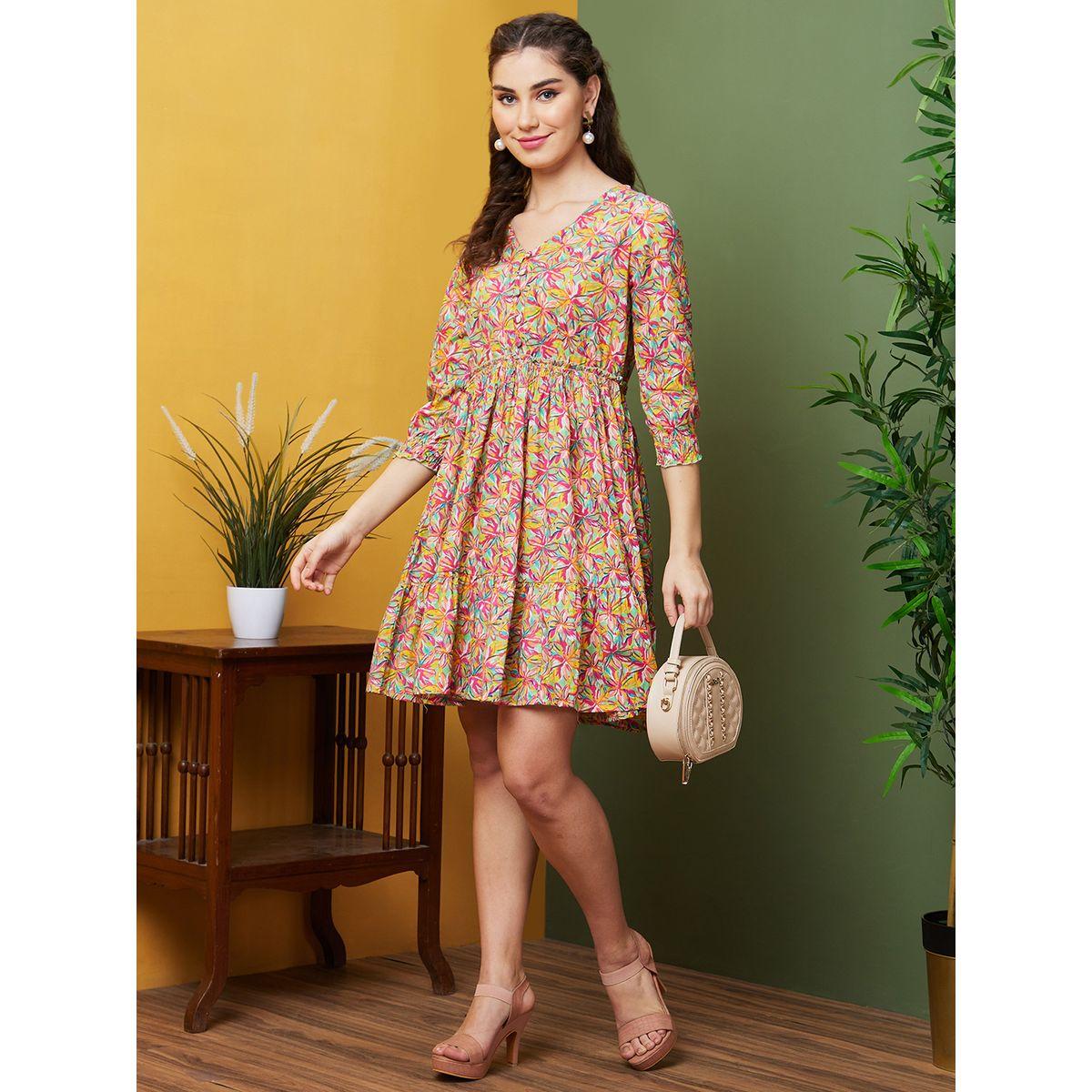 Globus Floral Printed V Neck A-Line Mini Dress-women-clothing-dresses-image-1