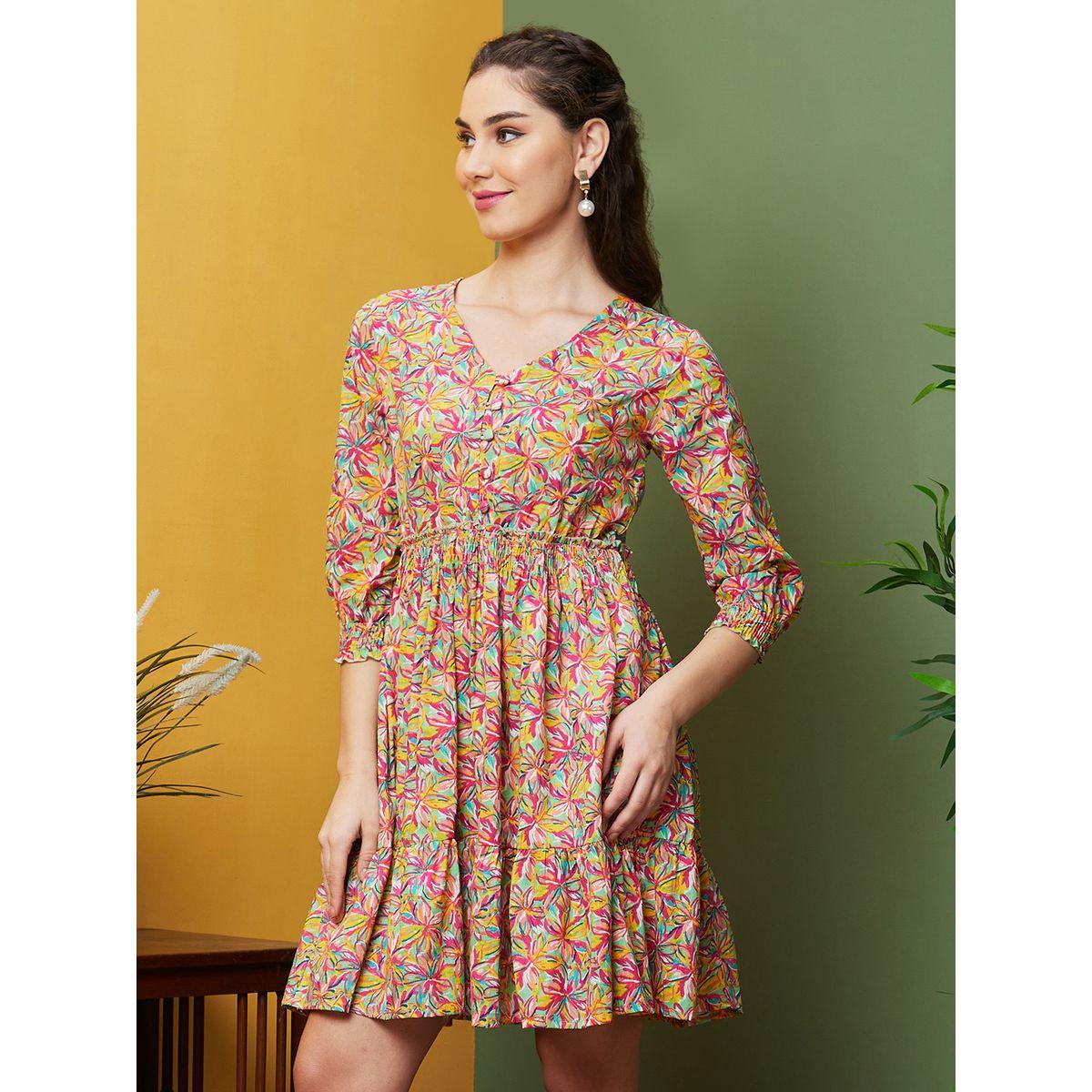 فستان قصير مطبع بزهور مع حافة واسعة-women-clothing-dresses-image-2