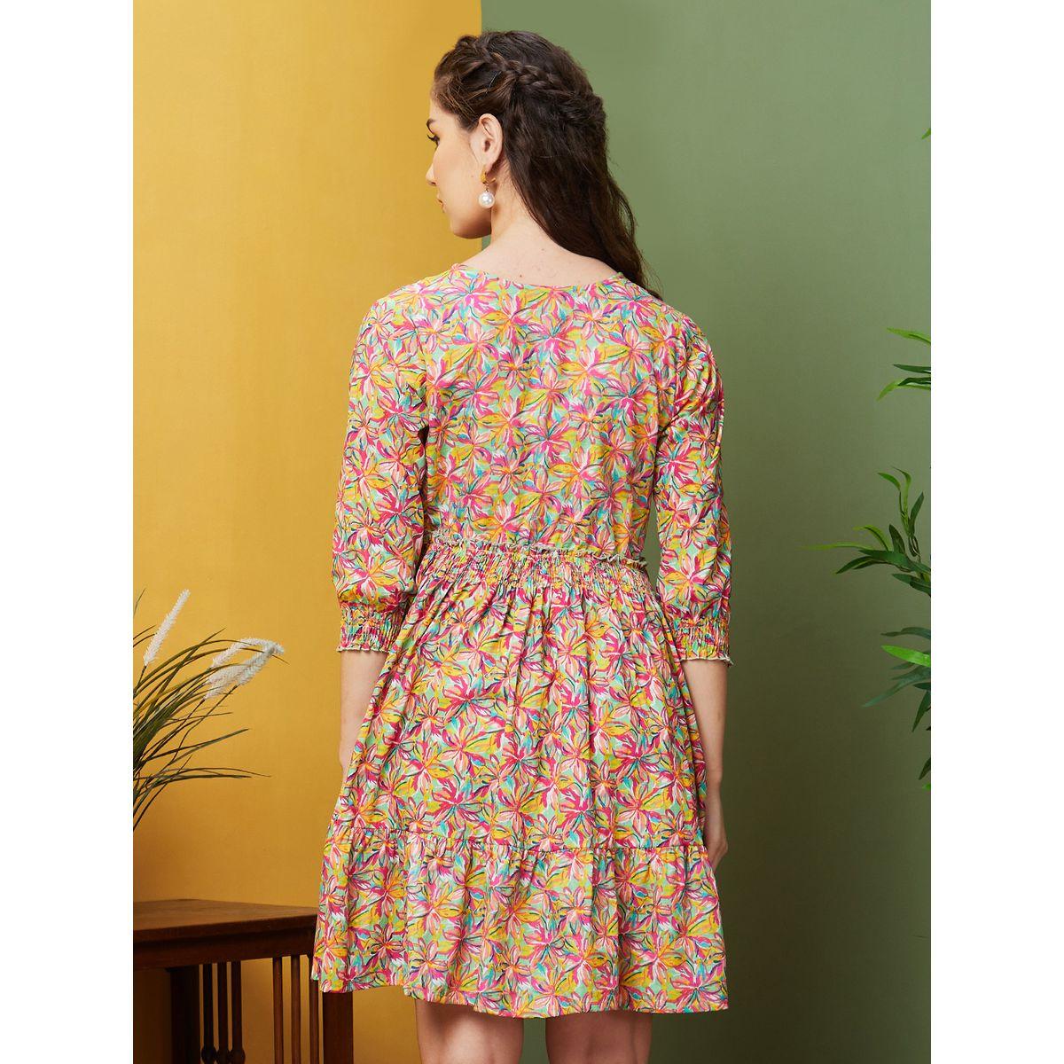 Globus Floral Printed V Neck A-Line Mini Dress-women-clothing-dresses-image-3