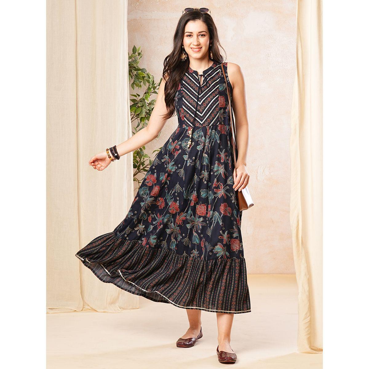 فستان ميدي مطبع بزهور مع ياقة بأربطة-women-clothing-dresses-image-1