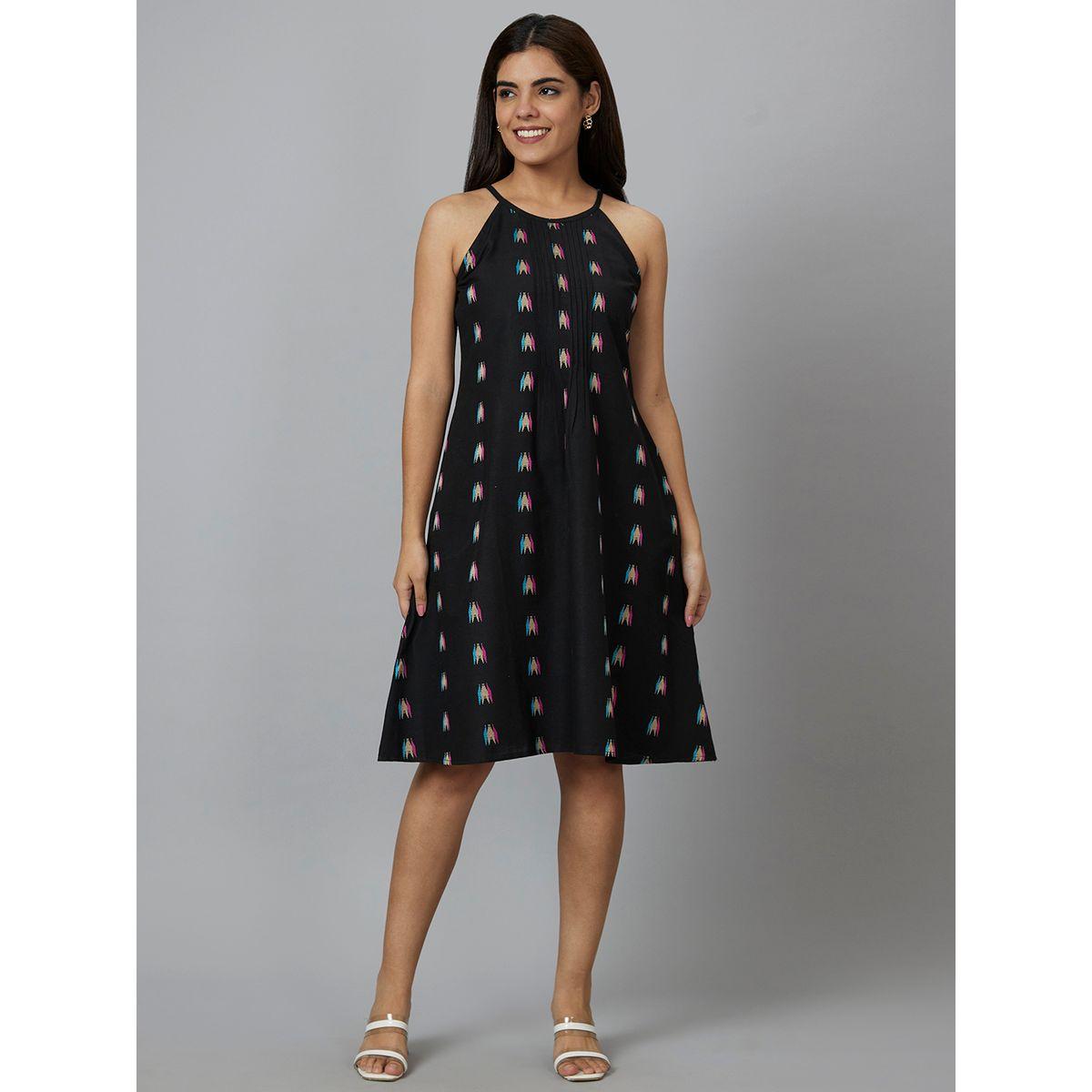 Globus Women Black Aztec Printed Cotton Strappy A-Line Knee-Length Dress-women-clothing-dresses-image-1