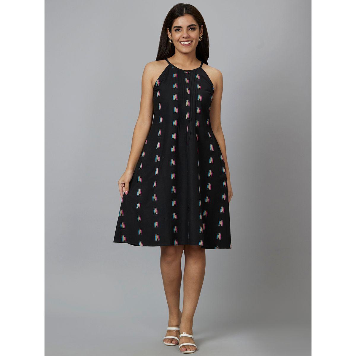 Globus Women Black Aztec Printed Cotton Strappy A-Line Knee-Length Dress-women-clothing-dresses-image-2