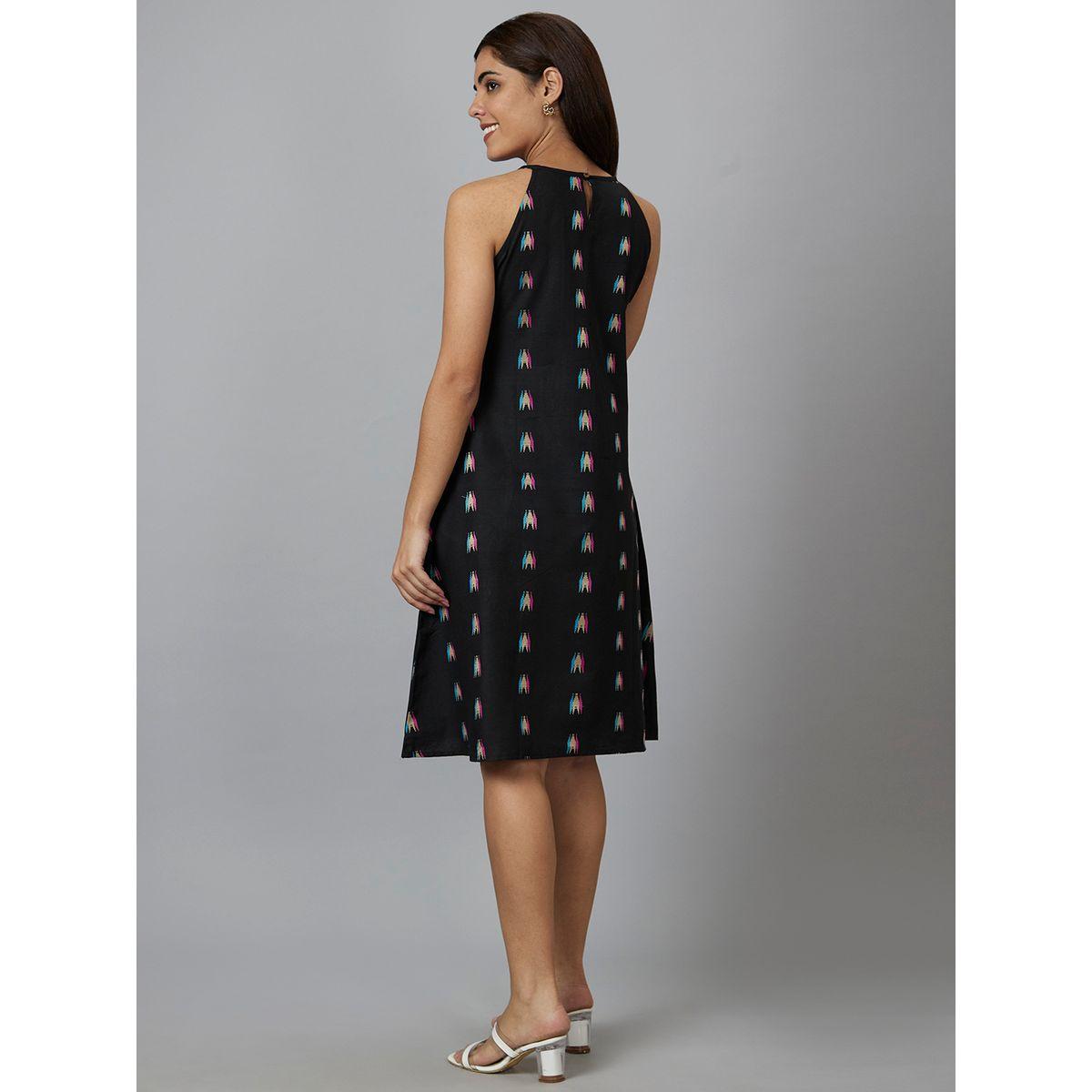 Globus Women Black Aztec Printed Cotton Strappy A-Line Knee-Length Dress-women-clothing-dresses-image-3