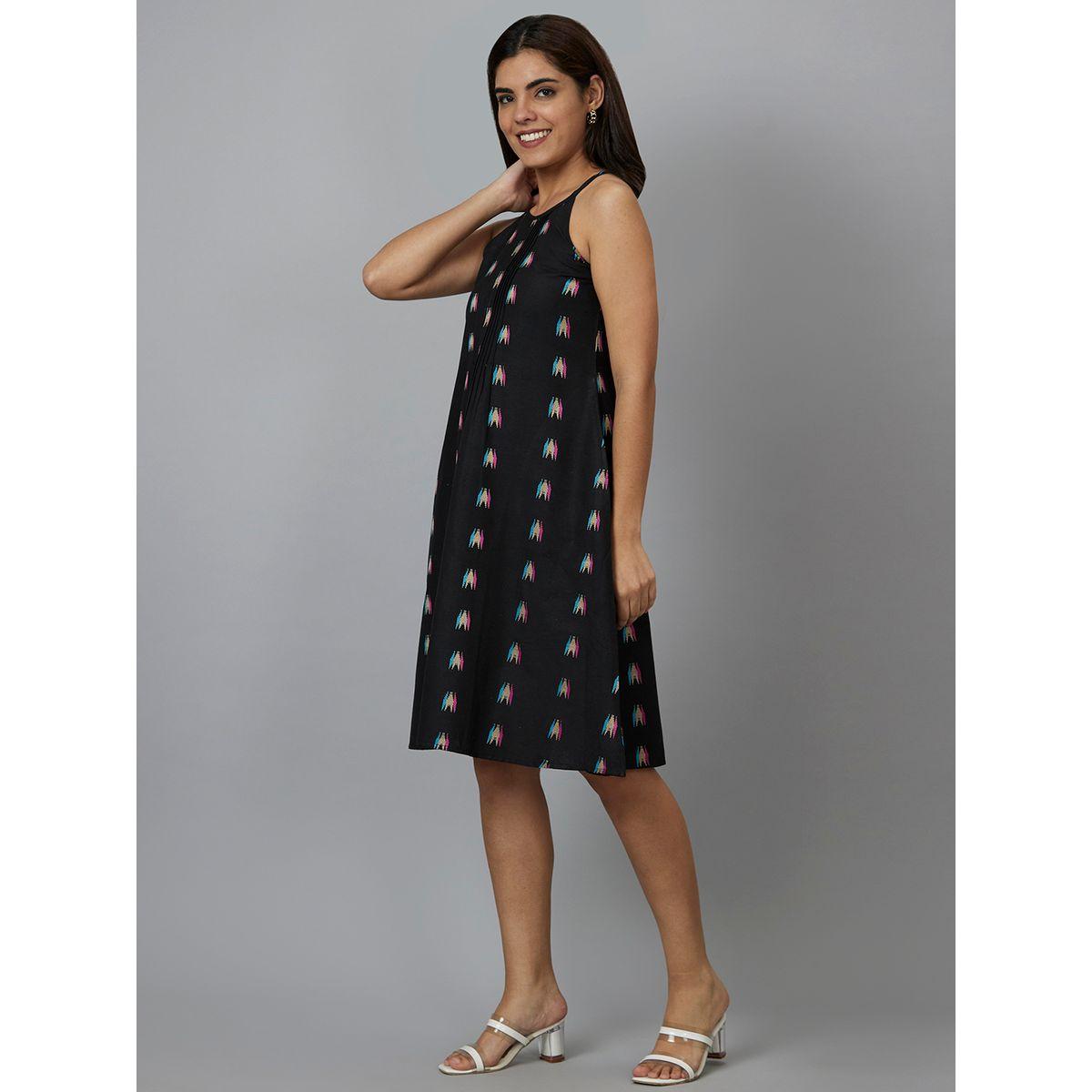 Globus Women Black Aztec Printed Cotton Strappy A-Line Knee-Length Dress-women-clothing-dresses-image-4