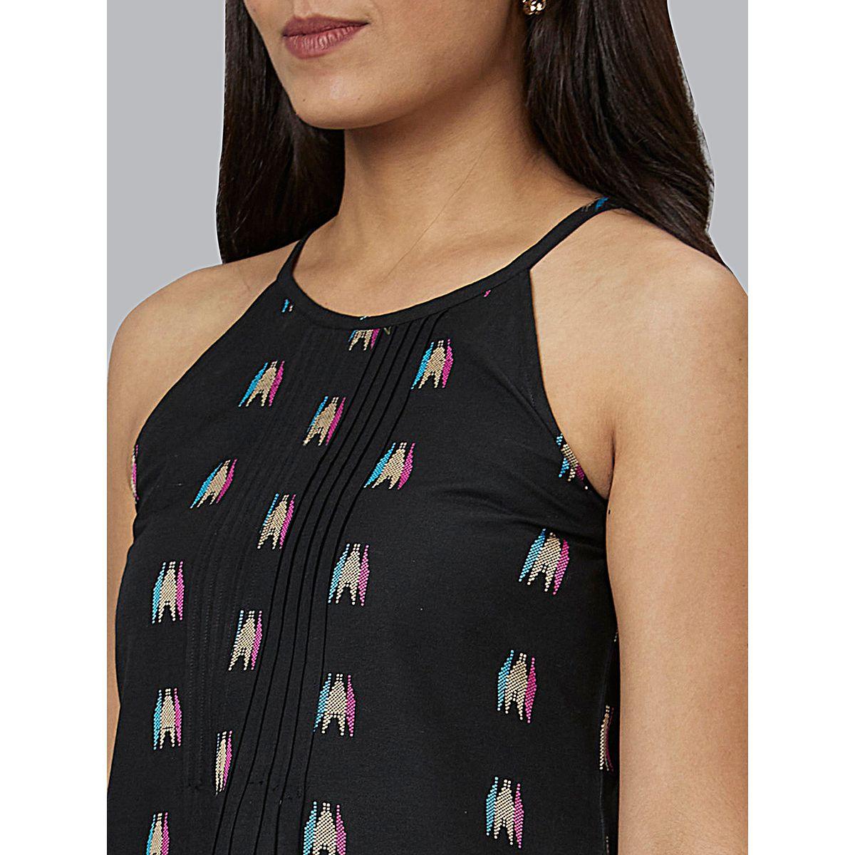 Globus Women Black Aztec Printed Cotton Strappy A-Line Knee-Length Dress-women-clothing-dresses-image-5