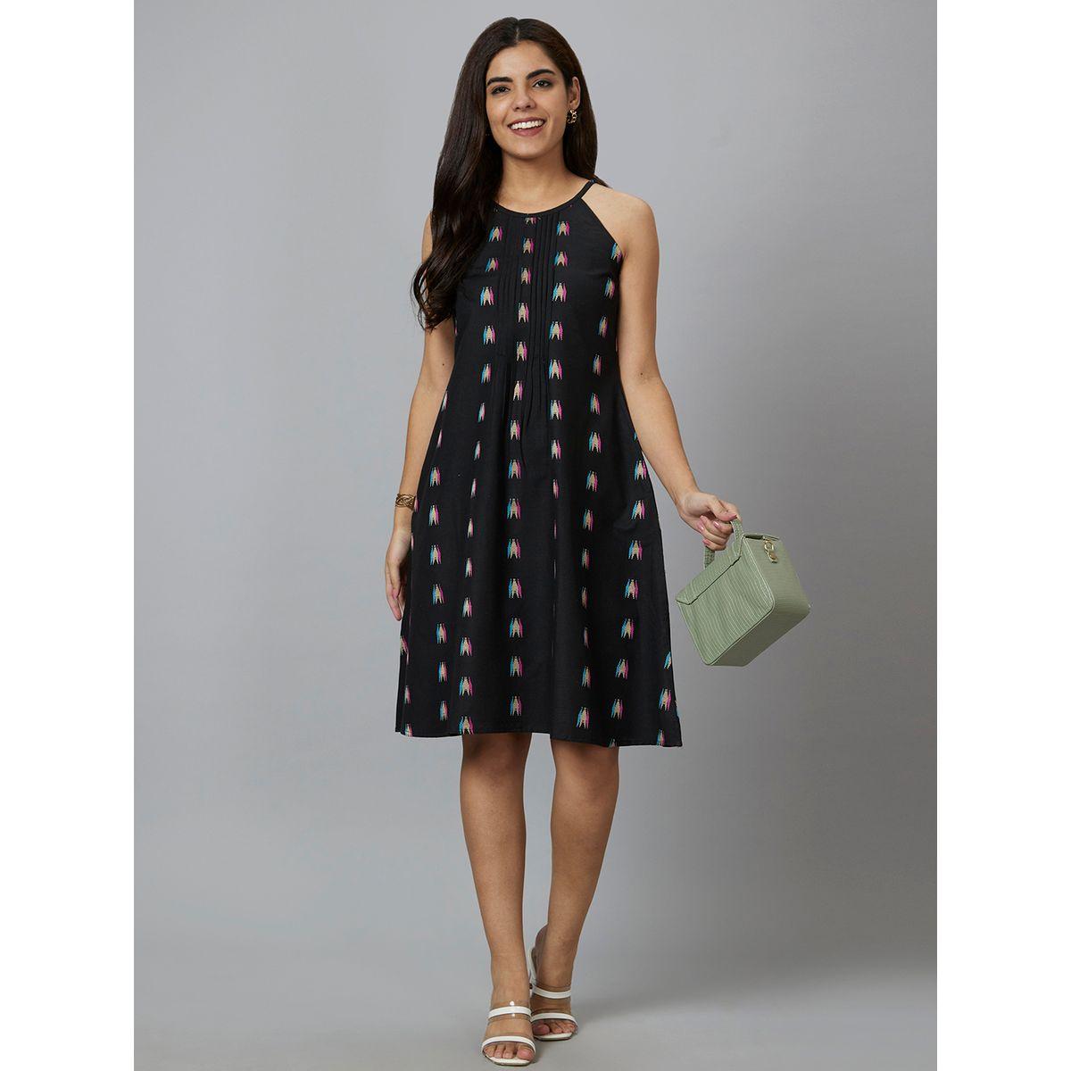 Globus Women Black Aztec Printed Cotton Strappy A-Line Knee-Length Dress-women-clothing-dresses-image-6