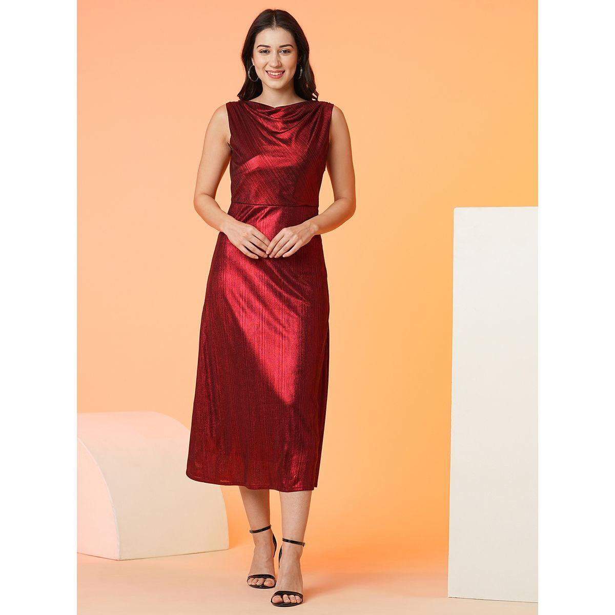 Globus Women Red Plain Cowl Neck Sheath Midi Dress-women-clothing-dresses-image-1